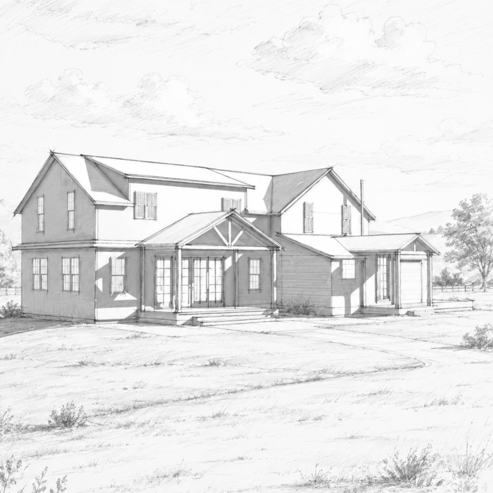 Architectural concept sketch of a custom two-storey home with gabled roofs and a covered porch by Triumph Design in Kingston, Ontario.