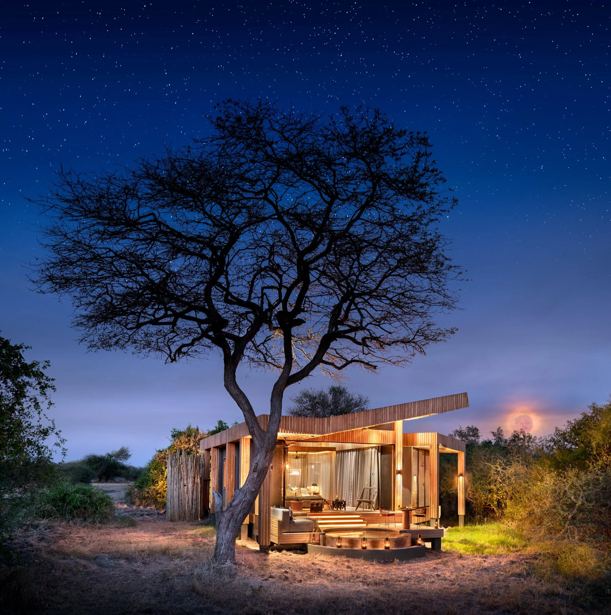 A modern cabin with large windows and warm interior lighting, situated in a natural setting with a large leafless tree in the foreground, under a starry night sky and a full moon.