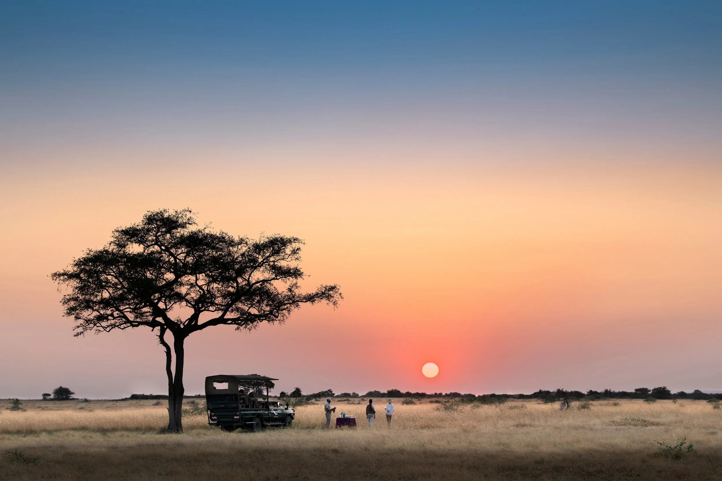 Sunset over an African savanna, with a large tree, a safari vehicle, and four people gathered beside a table.