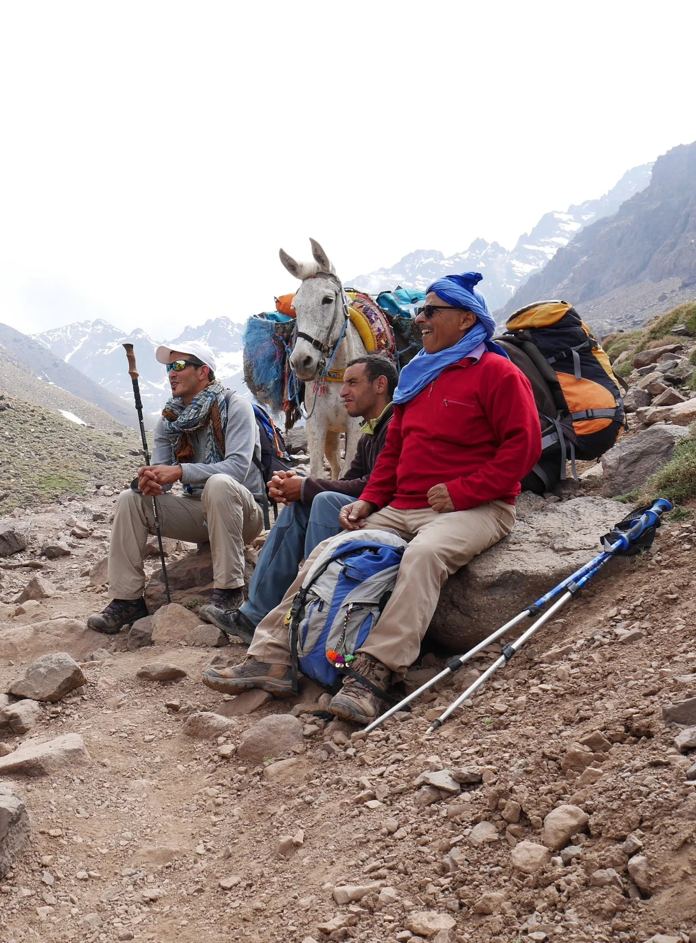 Three hikers sitting on rocks in a mountainous landscape, with snow-capped peaks in the background. One holds a hiking pole, and a mule loaded with supplies is standing behind them.