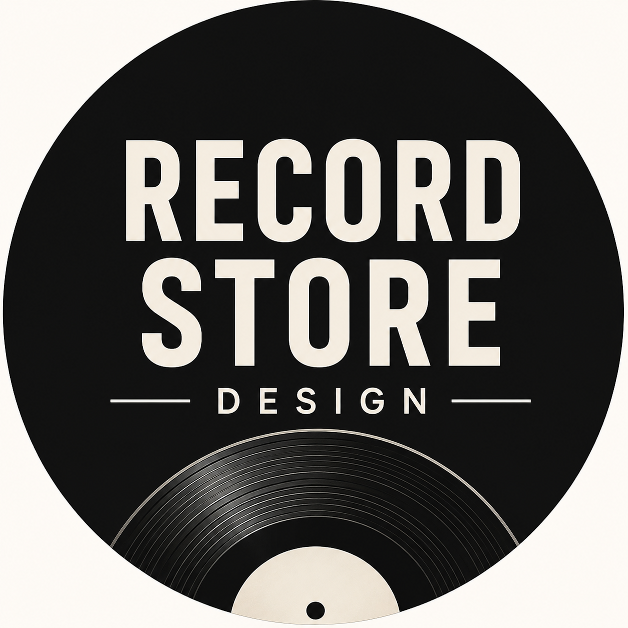 A black circular logo with the words 'RECORD STORE' and 'DESIGN' in white text, and a stylized vinyl record at the bottom.