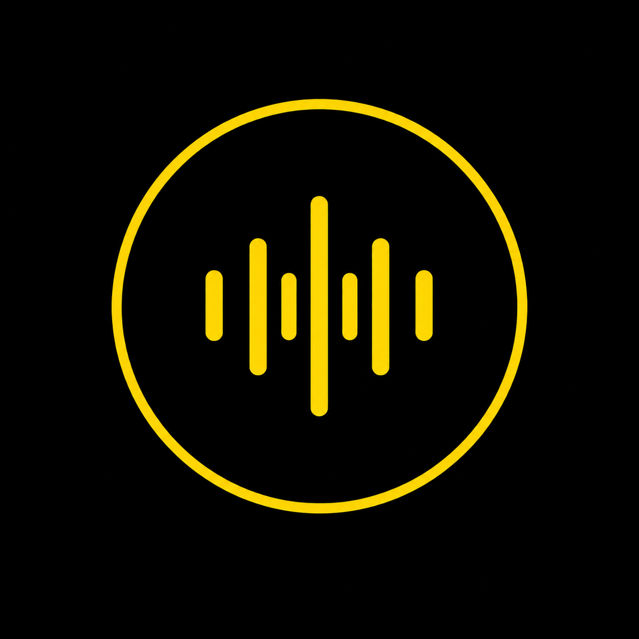 Yellow sound wave icon inside a yellow circle on a black background.