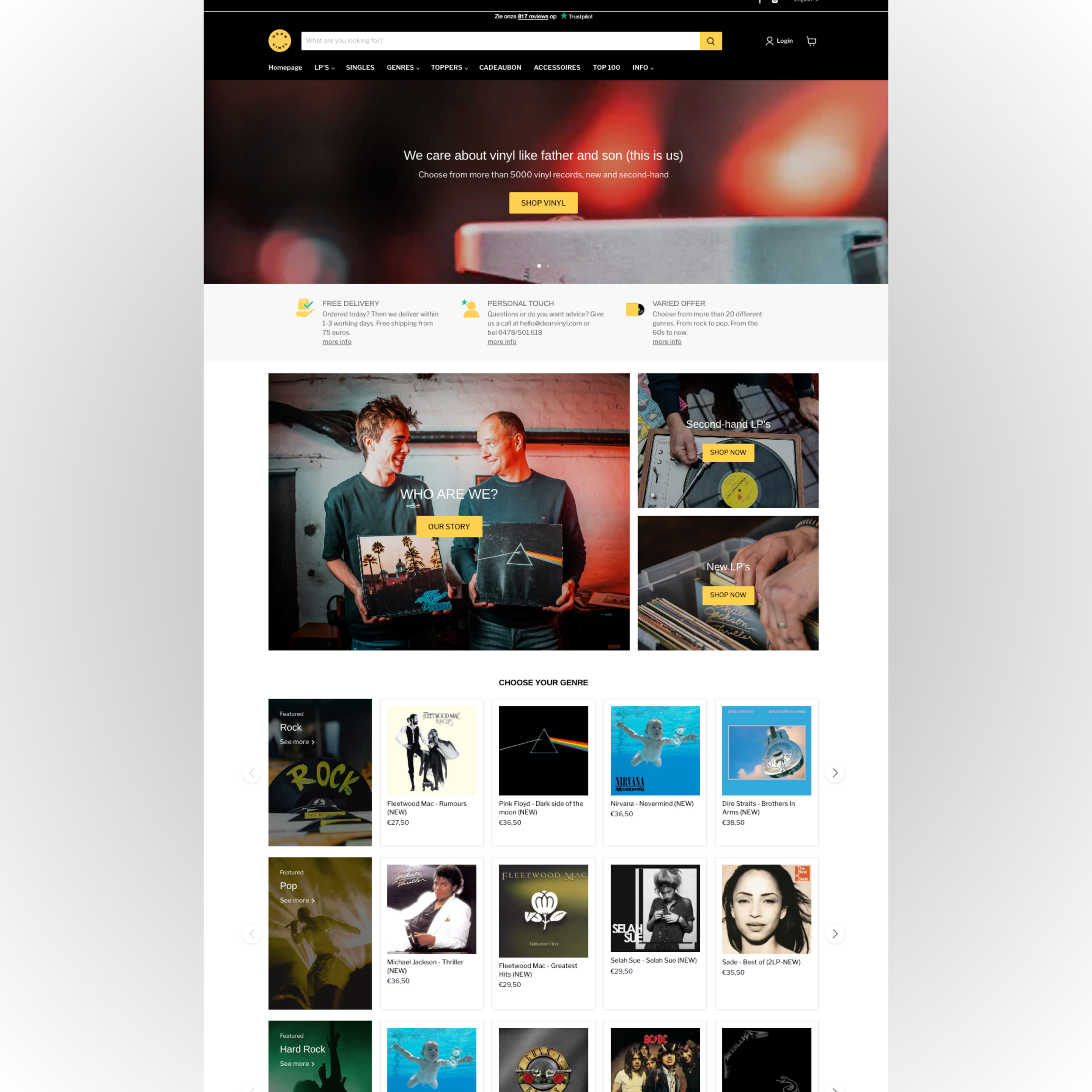 Online music store homepage featuring vinyl records, with a banner that says "We care about vinyl like father and son (this is us)," a search bar, and various categories and featured albums including rock, pop, and classic hits.