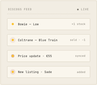 Screenshot of a music app feed with updates on Bowie and Coltrane stocks, price change, and new listing.