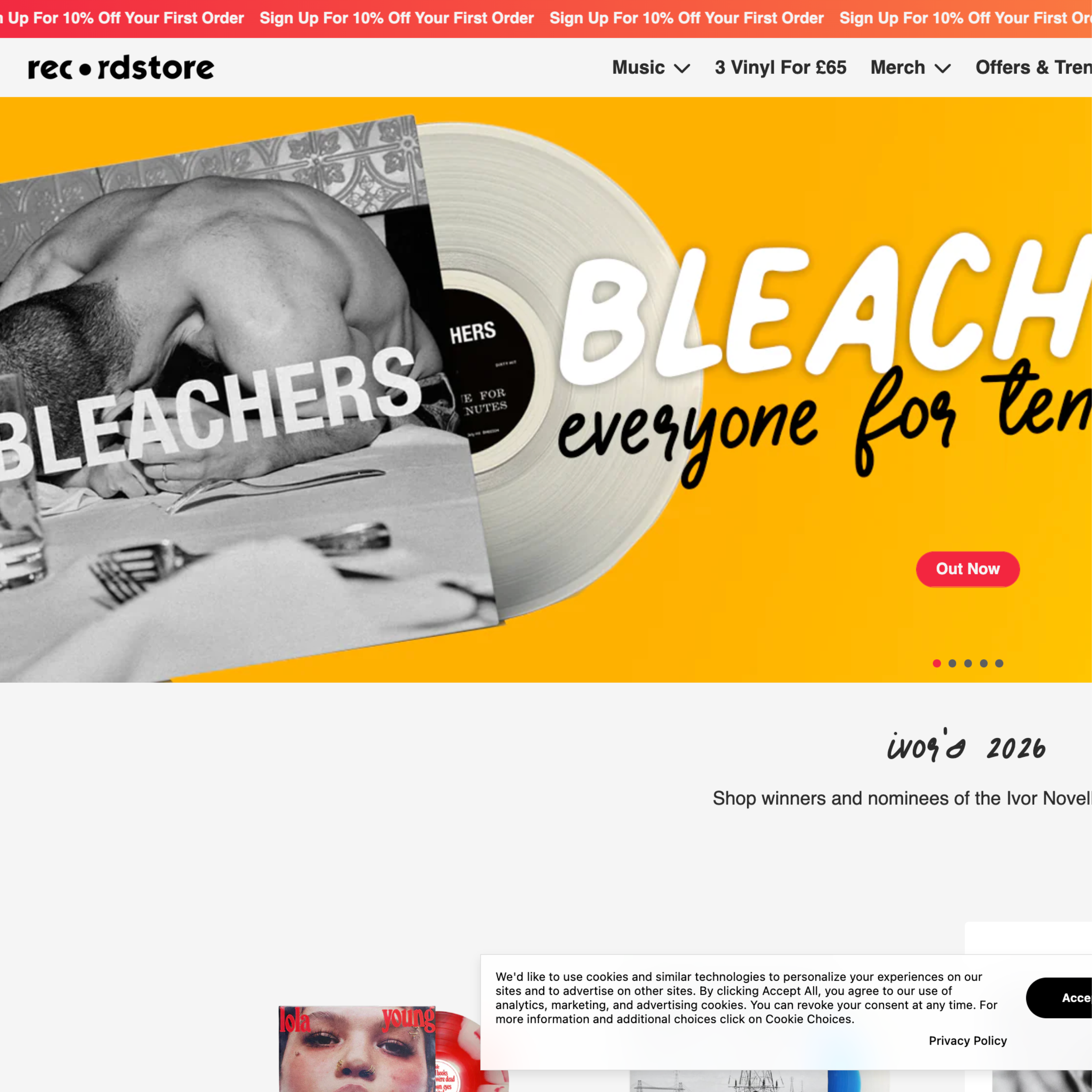 A website screenshot featuring promotion banner at the top offering 10% off on first order. The page appears to be a music store on rec•ordstore, displaying vinyl records, a focus on a vinyl by The Beach Boys, alongside various menu options like Music, Mercht, Offers & Trends, and a section about the 2022 awards.