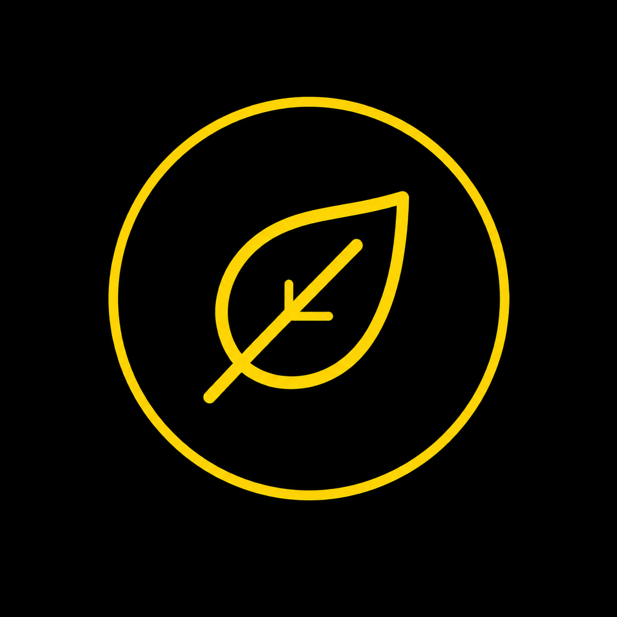 Yellow neon outline of a leaf inside a circle on a black background.
