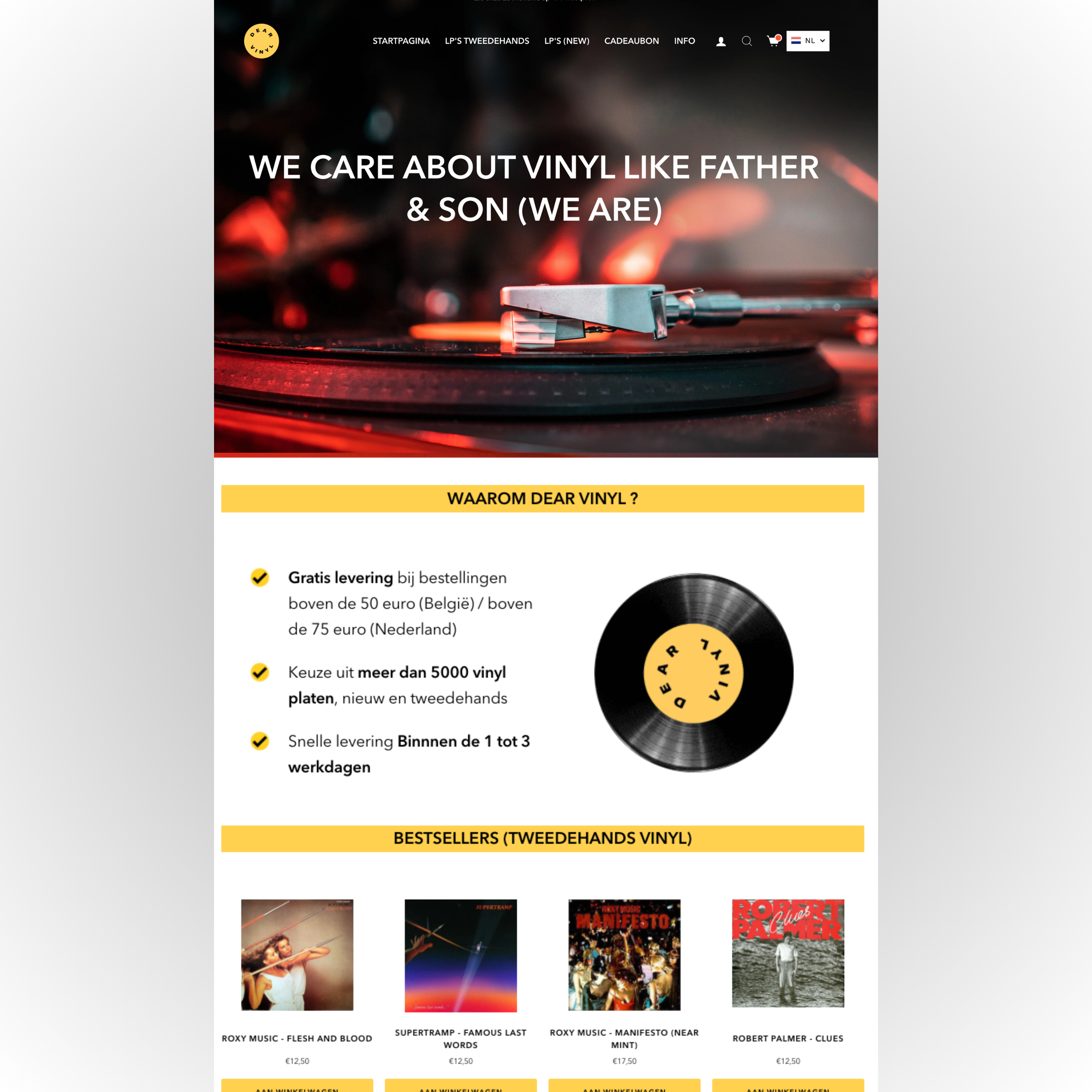 Homepage of a vinyl record store website with a large header image showing a turntable and the text "We care about vinyl like father & son (we are)." The navigation menu includes options such as startpagina, LP's tweedehands, LP's (new), cadeaubon, info, and a shopping cart icon. Below the header, there are sections with yellow highlights and black text, listing products such as albums from Roxy Music, Supertramp, and Robert Palmer, each with images, titles, and prices in euro.