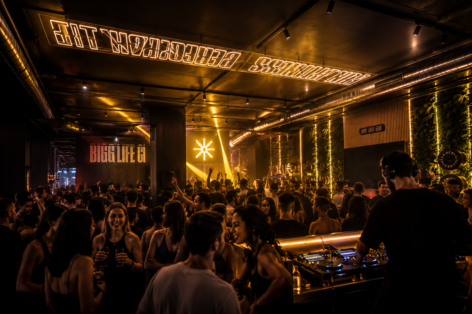 Crowded nightclub with people dancing and socializing, DJ booth in foreground, colorful stage lights, neon signs, and a large crowd enjoying music.