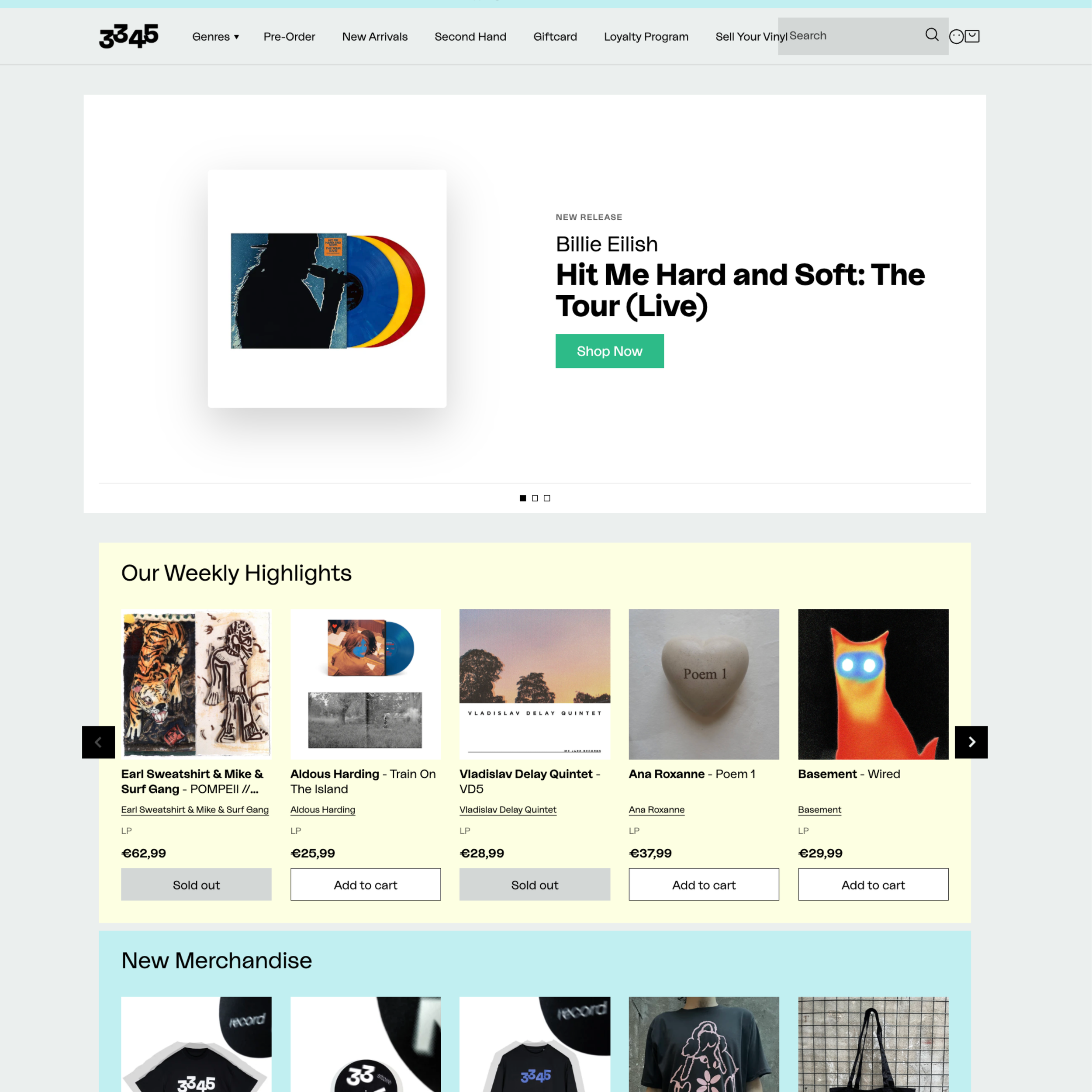 Screenshot of a music store website featuring album releases, with a focus on Billie Eilish's 'Hit Me Hard and Soft: The Tour (Live)'. The page includes album artwork, artist names, prices, and 'Sold out' or 'Add to cart' buttons.