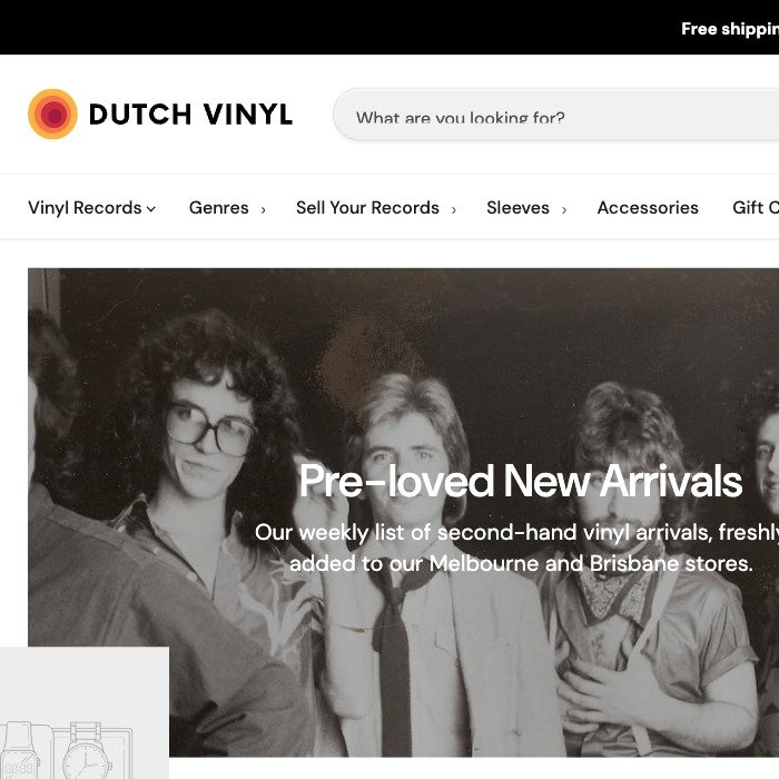 Screenshot of Dutch Vinyl website homepage showing a black-and-white photo of four young people, under the heading "Pre-loved New Arrivals," advertising second-hand vinyl records, with a navigation menu and search bar at the top.