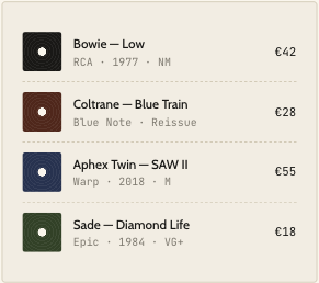 A list of four music albums with their titles, artists, release years, and prices.