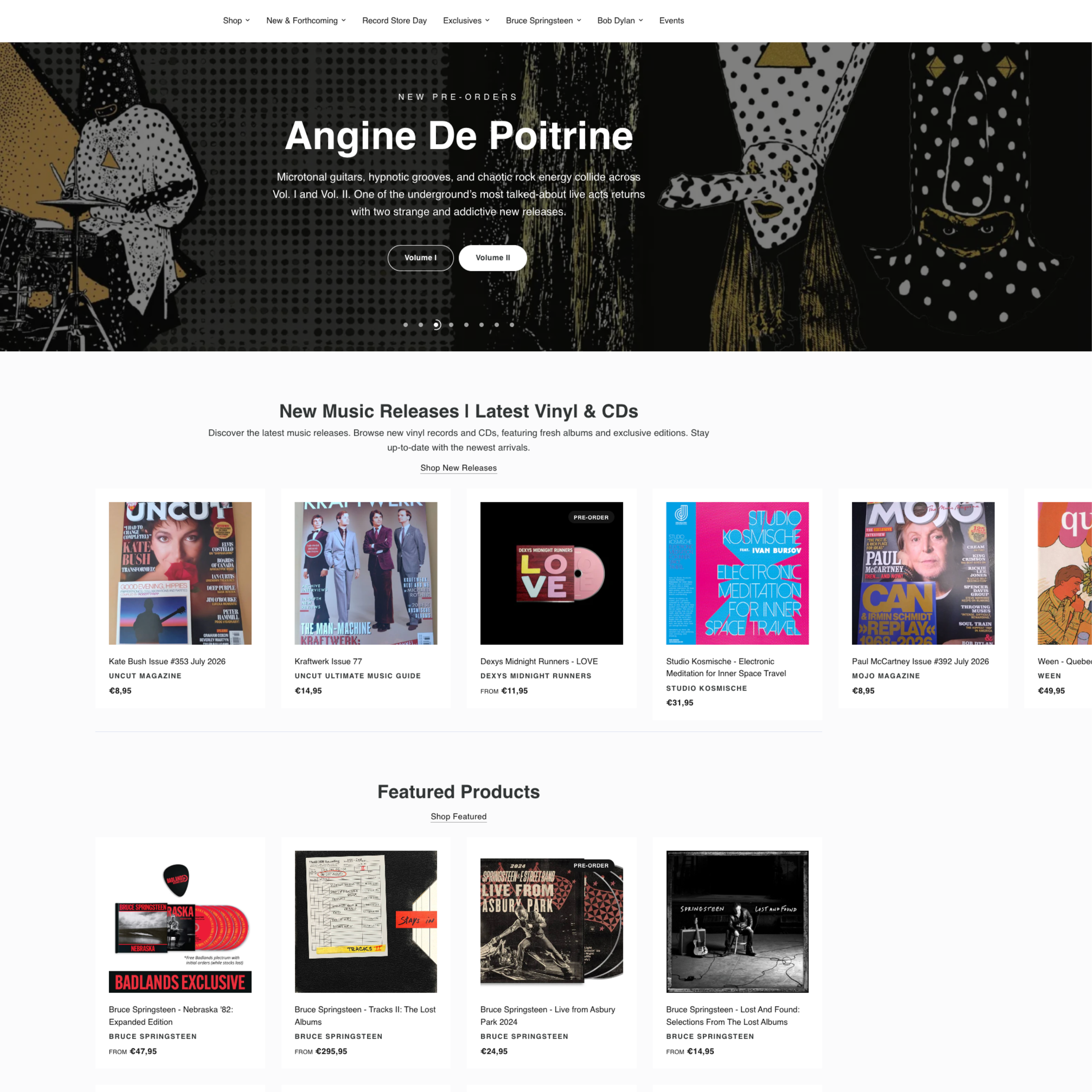 Screenshot of a music store website homepage featuring album covers of Bruce Springsteen. The top banner advertises pre-orders for Angine De Poitrine with options for Volume I and II. The section below displays various Bruce Springsteen album releases such as Nebraska '82 Expanded Edition, Tracks II: The Lost Albums, Live from Asbury Park 2024, and Lost and Found.