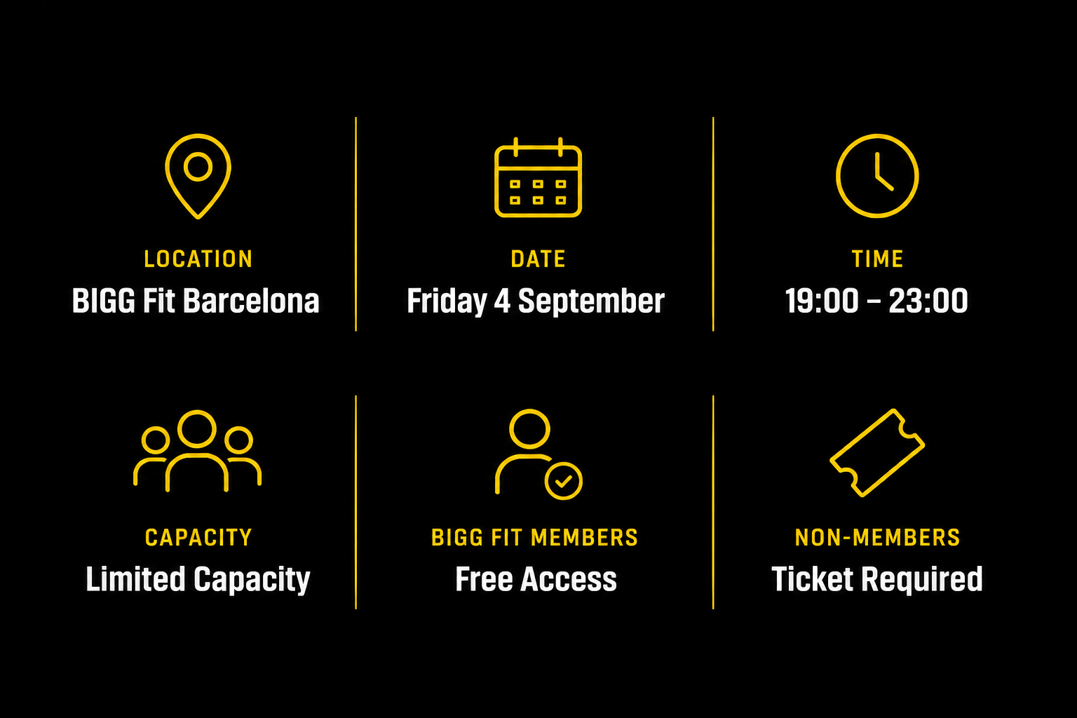 Event details for a fitness class at BIGG Fit Barcelona, scheduled for Friday, September 4, from 7:00 PM to 11:00 PM. The event has limited capacity, is open to BIGG Fit members with free access, and requires tickets for non-members.