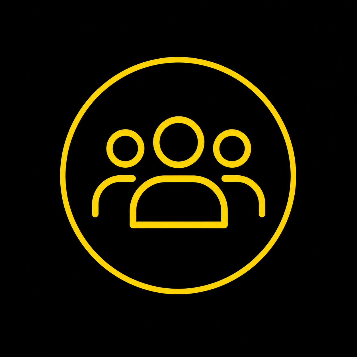 Yellow icon of three people inside a circle on a black background.