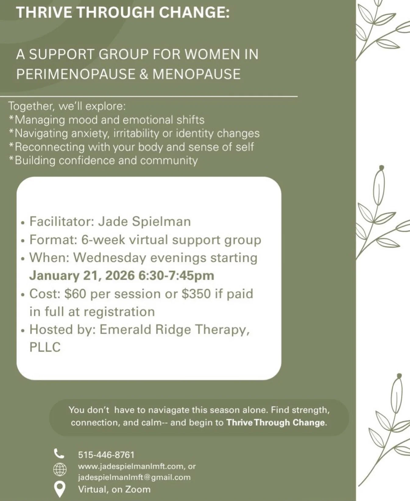 Real conversations. Real Support. Real change.
Step into a new season with support&mdash;group begins soon! Contact me for more questions or to register.