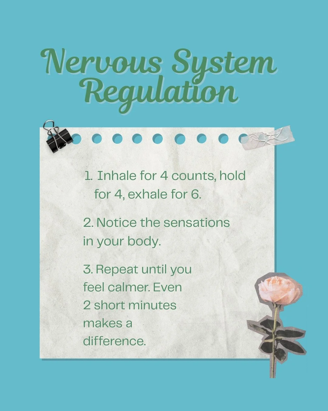 Feeling overwhelmed? Try this simple grounding technique and take note of how your body feels. Regulation feels like:
&bull; softer breath
&bull; relaxed jaw
&bull; grounded body
&bull; quieter mind
Your body knows how to return to safety&mdash;somet