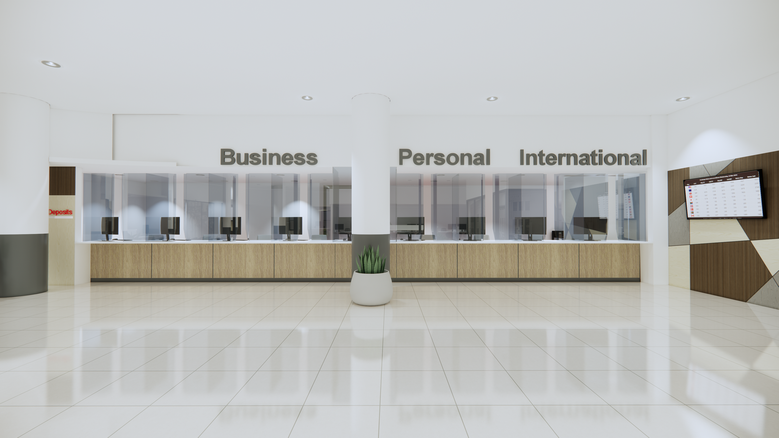 A modern bank reception area with glass partitions dividing sections labeled Business, Personal, and International, with customer service counters and a digital flight information display on the wall.