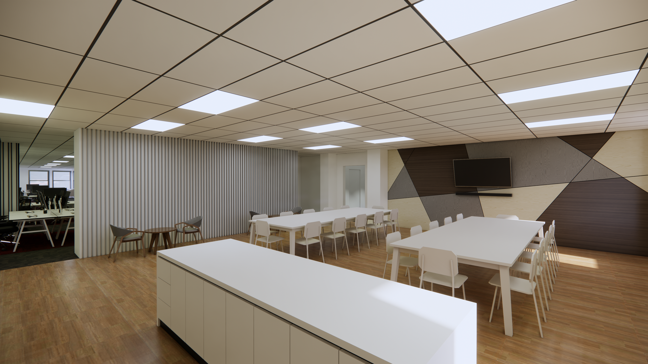 Modern conference room with white tables and chairs, a large flat-screen TV on the geometric wall, and a wood floor.