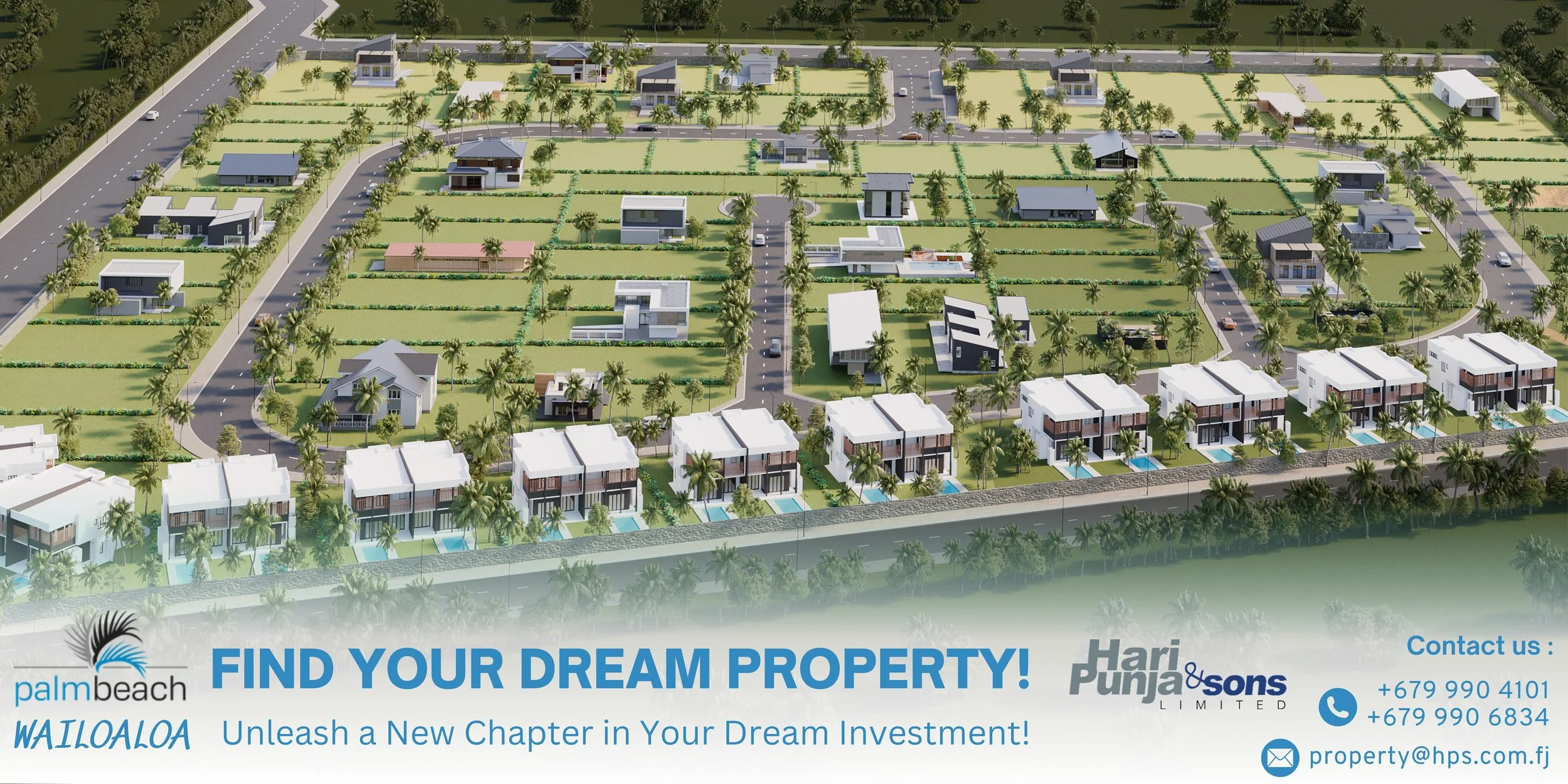 Aerial view of a residential community with modern houses, green lawns, and palm trees, featuring a variety of building styles and layouts.