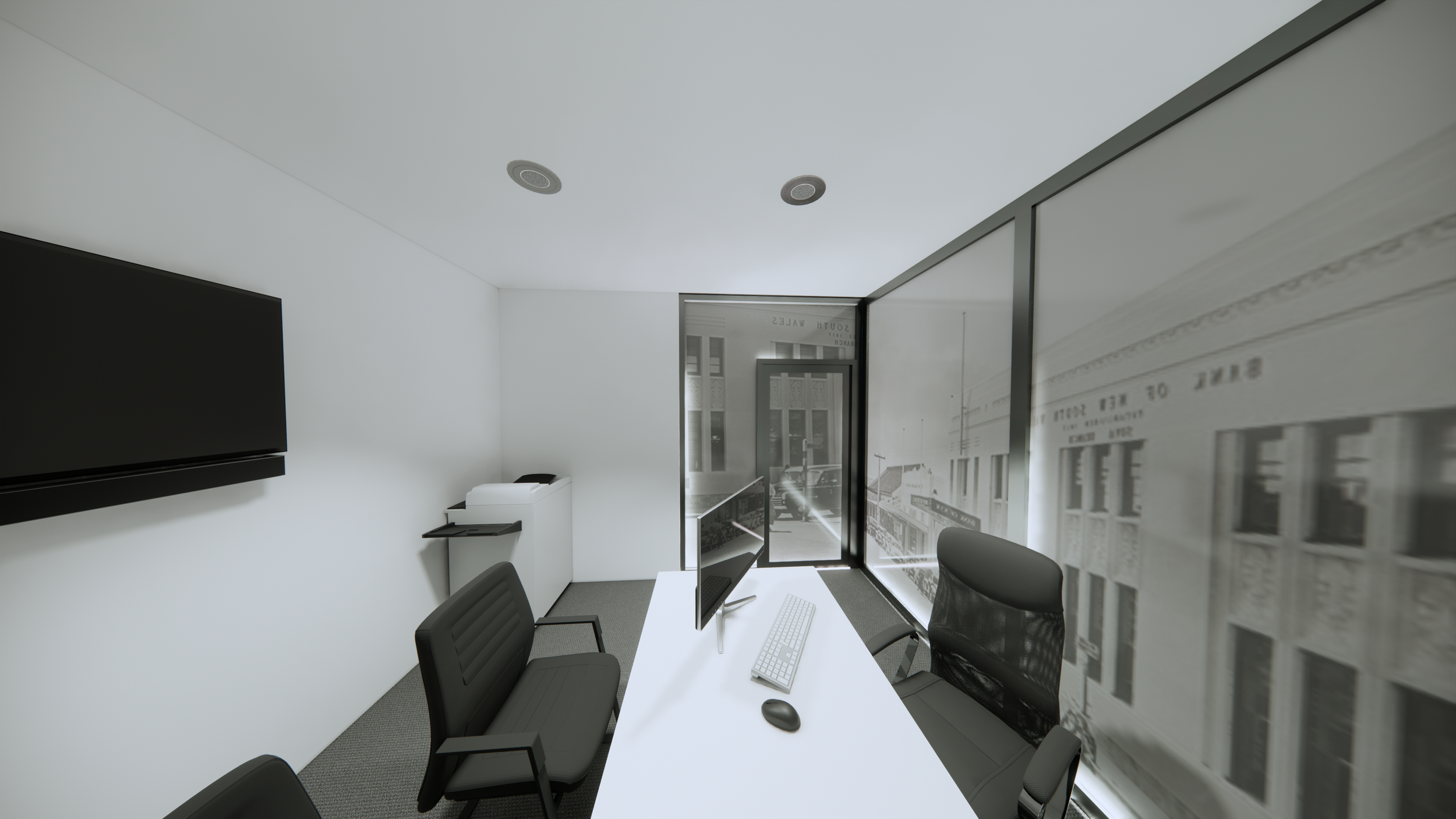 Modern office with white walls, a large monitor on a white desk, black chairs, a wall-mounted TV, and large windows showing a city street.