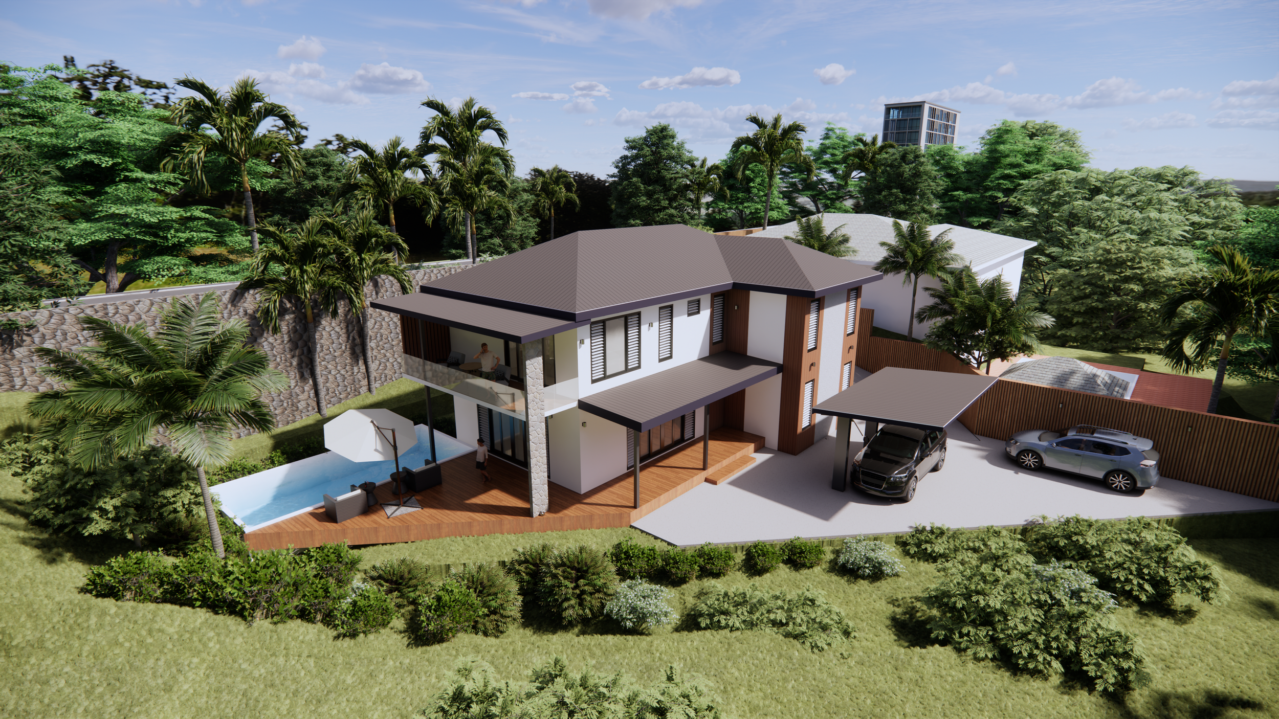 A modern two-story house with a pool, outdoor deck, and carport, surrounded by lush greenery and palm trees.