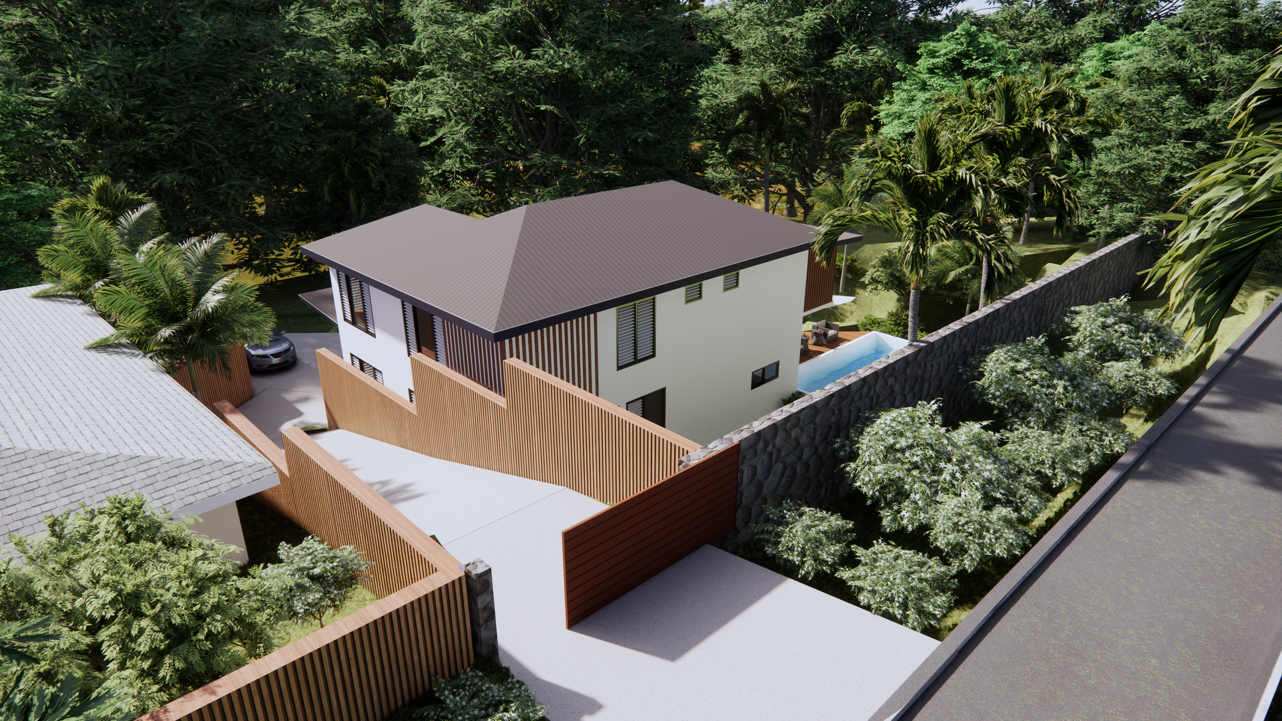 A modern two-story house with a gray roof, white and wooden exterior walls, located on a lush green property with tall trees and a stone fence. There is a swimming pool with outdoor seating, a driveway with a parked car, and a neighboring house with 