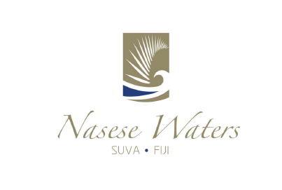 Logo for Nasese Waters, featuring a stylized palm leaf over waves, with text indicating SUVA, FIJI.