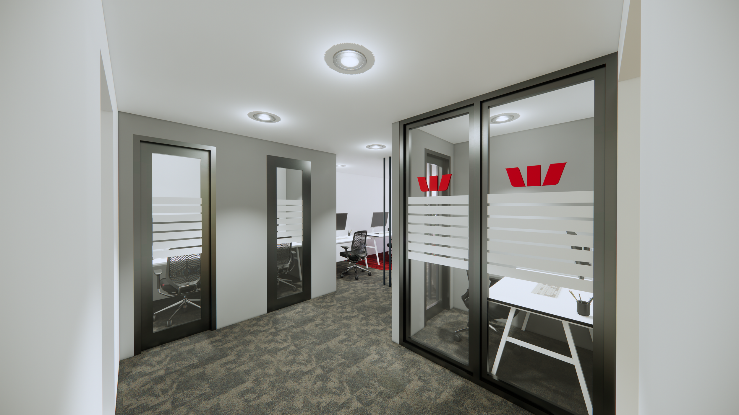 Modern office space with glass meeting rooms featuring logo decals, white desks, office chairs, and computer monitors.