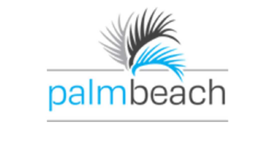 Logo with stylized black and blue palm trees and the words 'palm beach' in blue and black text.