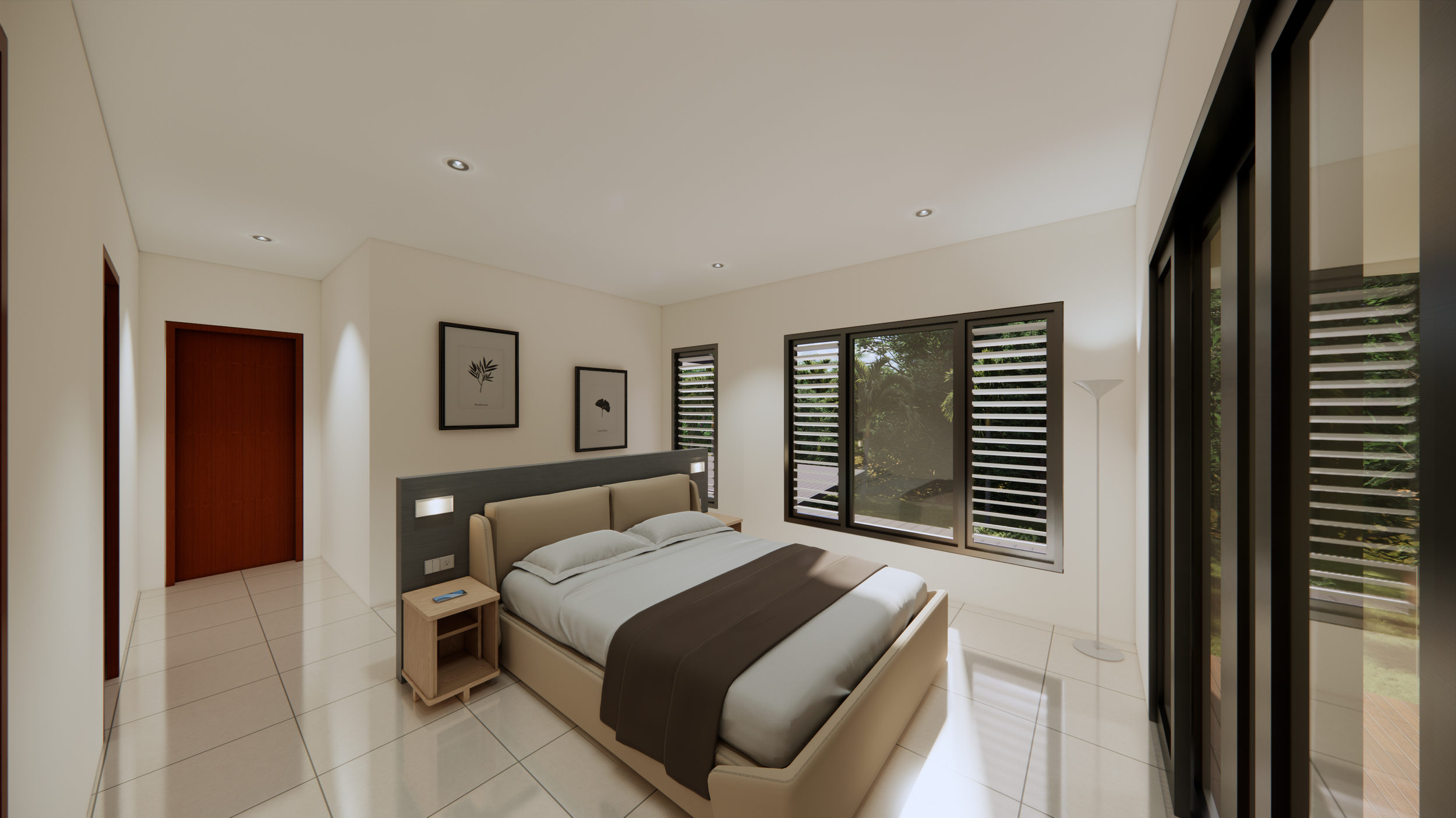 A modern bedroom with a large bed, beige and brown bedding, wooden nightstand with a remote control, three framed black and white leaf art prints on the wall, large windows with louvers, white floor tiles, and a tall floor lamp.