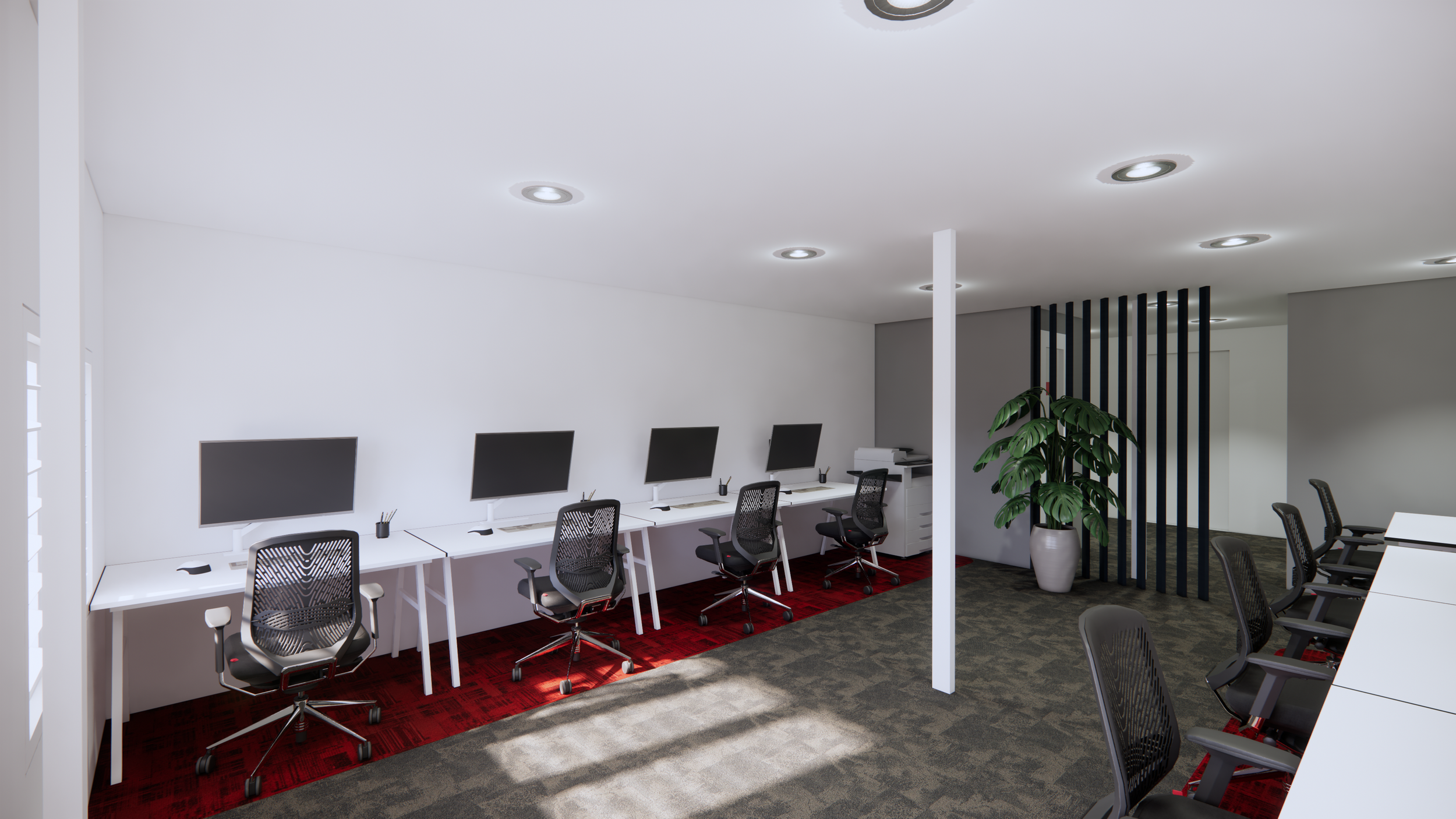 Modern office workspace with multiple computer stations, black mesh office chairs, a large potted plant, and a room divider made of vertical black slats.