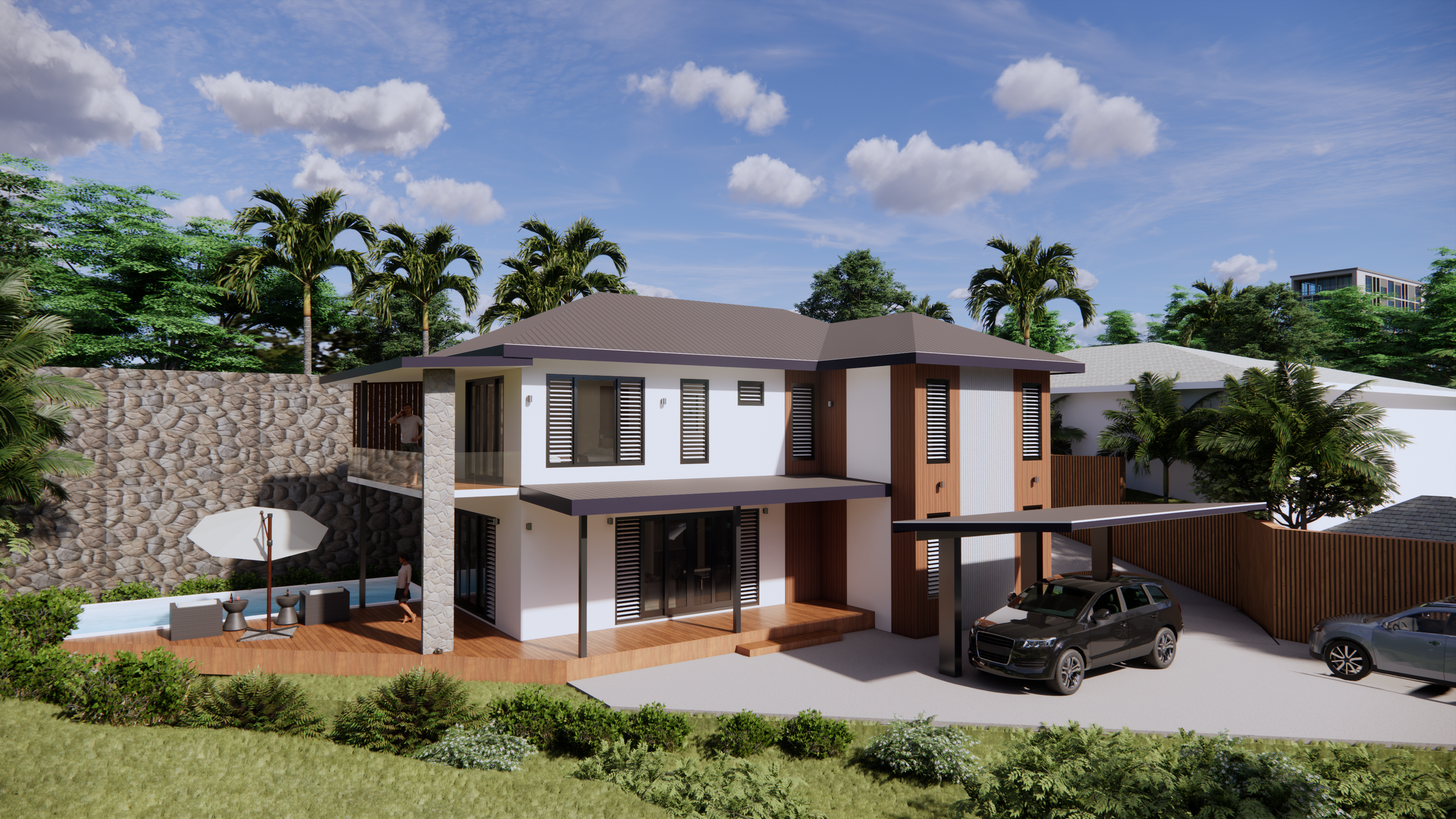 A modern two-story house with a garage and a parking area, surrounded by trees and greenery.