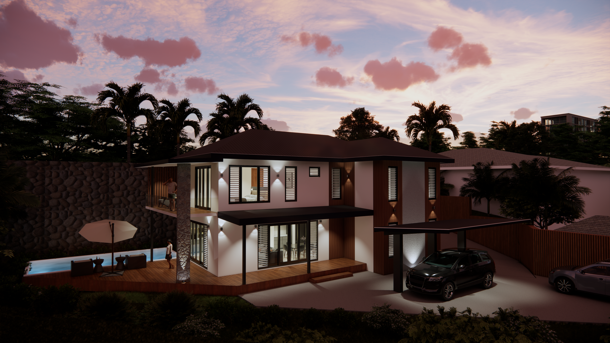 Modern two-story house with exterior lighting, a swimming pool, and parked cars, surrounded by palm trees during sunset or dusk.