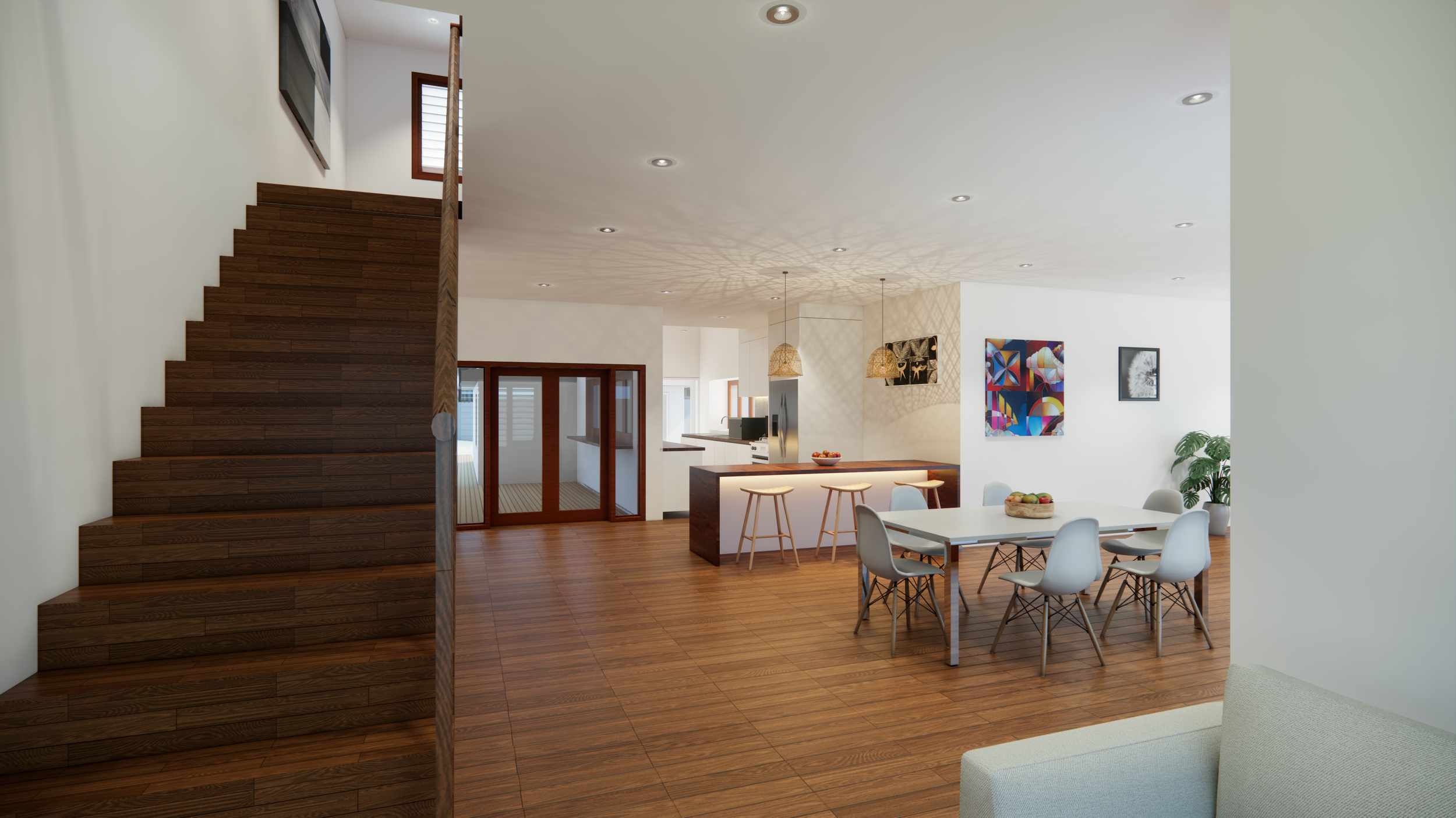Open-concept living and dining area with wooden floors, white walls, and modern furniture. A staircase with wooden steps is on the left, leading to the upper floor. The dining table is surrounded by white chairs, and there are colorful abstract paint