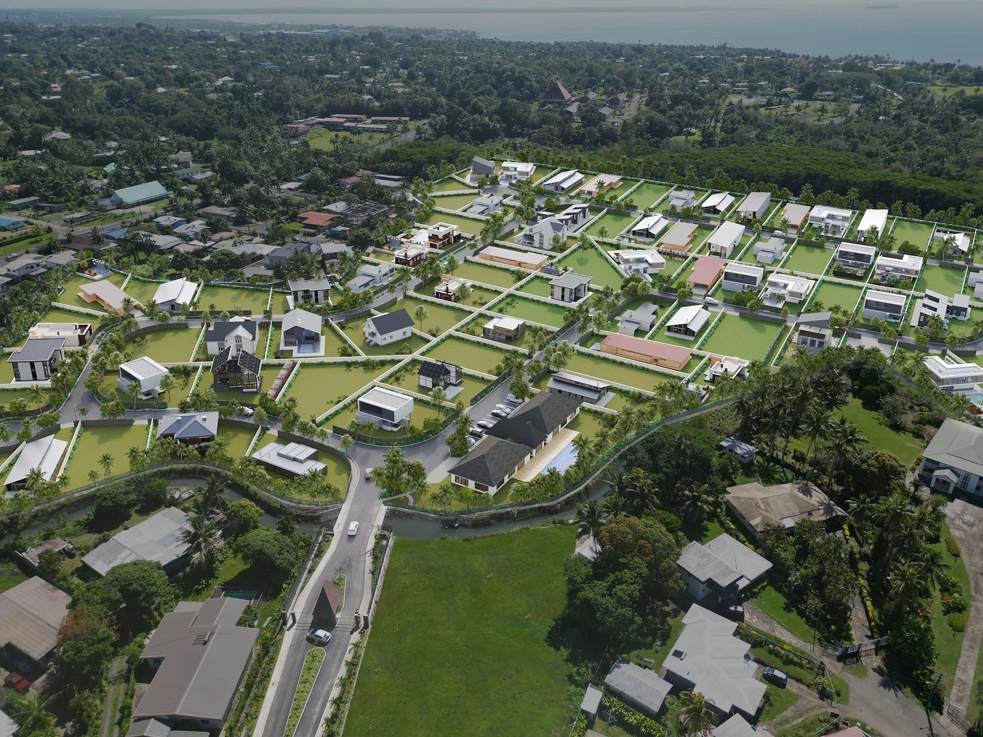 Aerial view of a residential and villa development with modern houses, surrounded by greenery, roads, and a body of water in the background.
