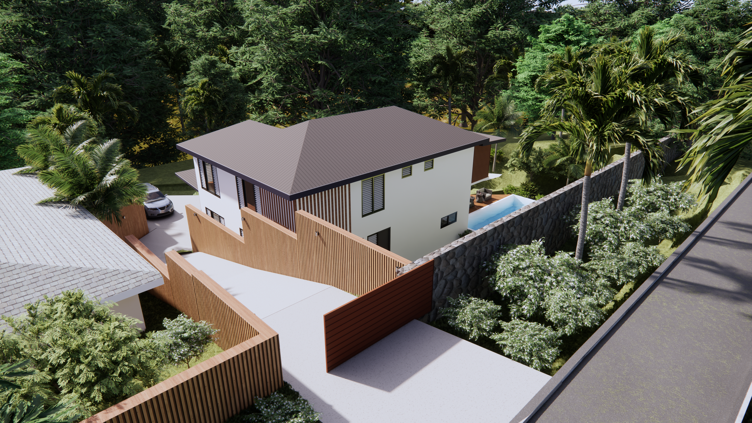 A modern two-story house with a gray roof, white exterior walls, and wooden accents surrounded by lush greenery, tall trees, and a stone wall. There is a swimming pool in the backyard and a driveway with a car.