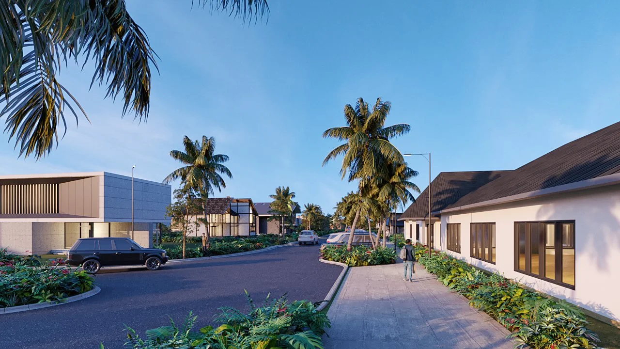A tropical residential street scene with palm trees, modern houses, cars parked along the street, and a person walking on the sidewalk during daytime.