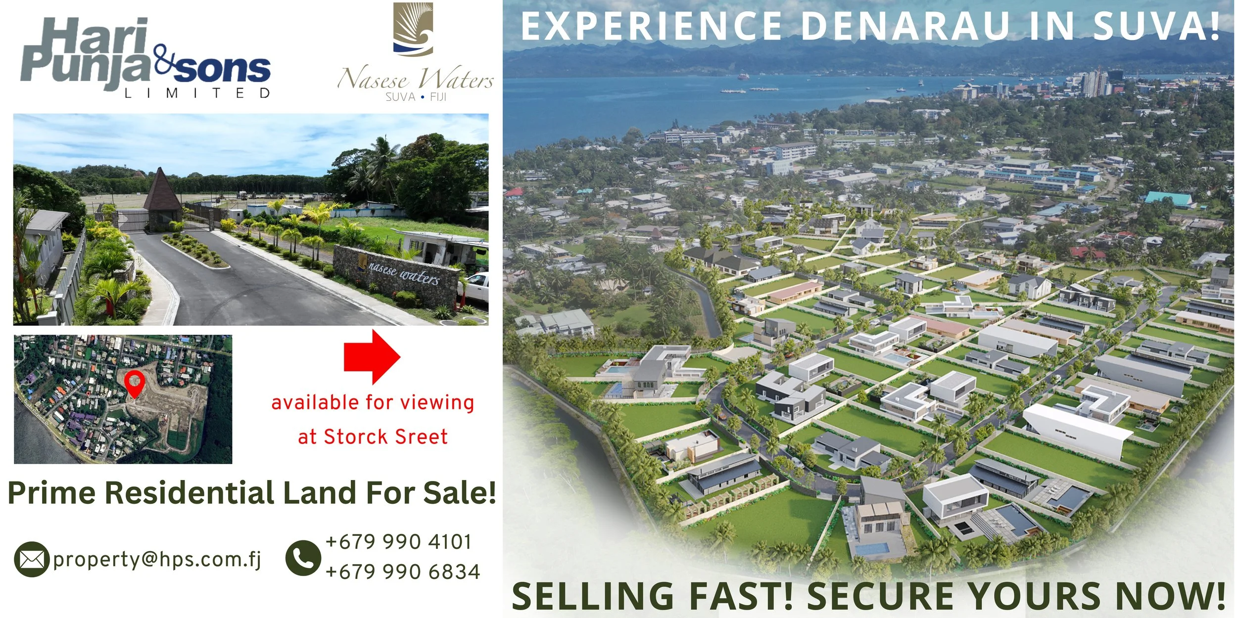 Aerial view of a residential development in Denarau, Suva, Fiji. Contract ad for prime residential land sale by Hari Punja & Sons Limited, with contact info and tagline about secure, fast selling.