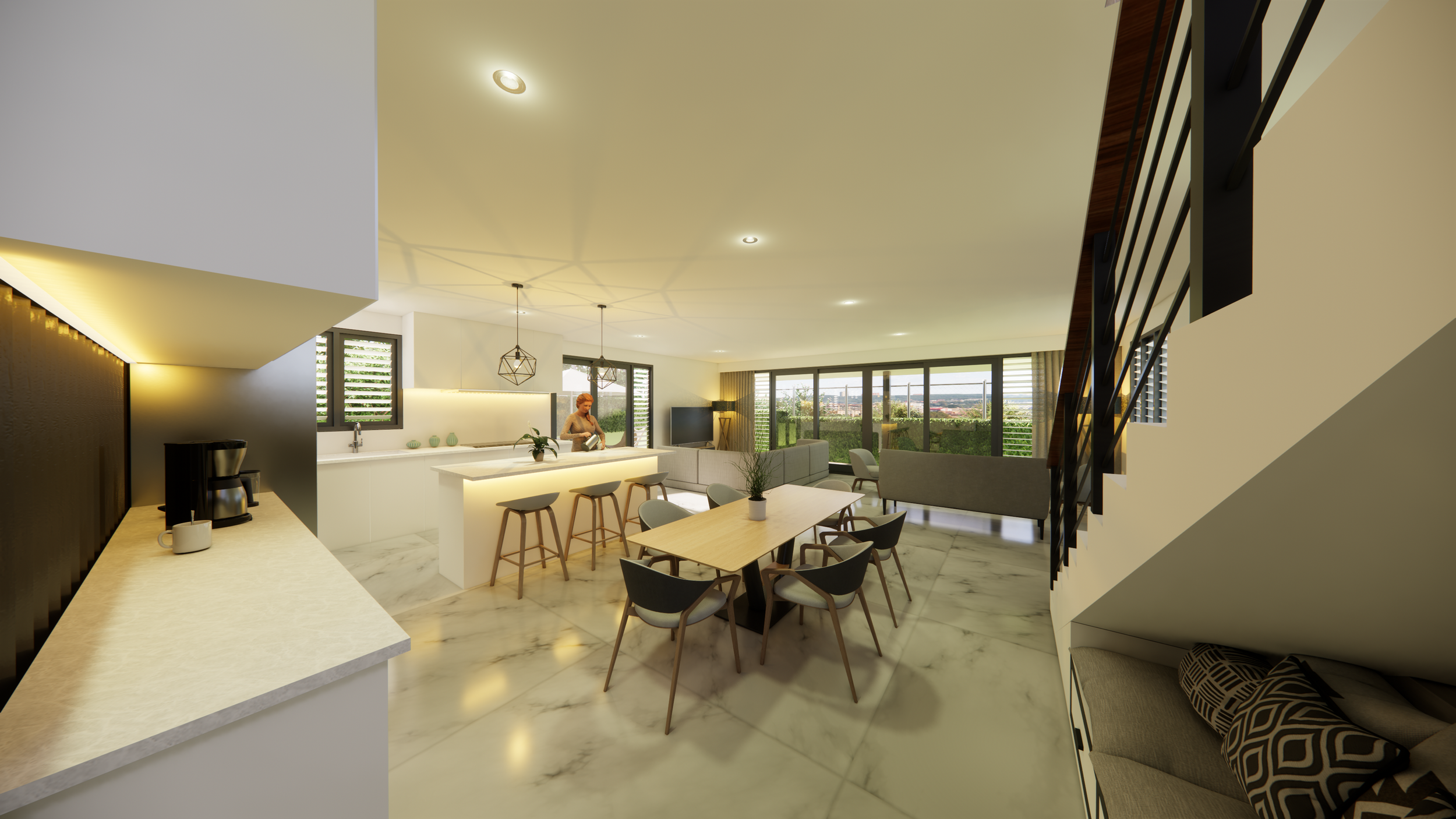 Open-concept living space with kitchen, dining, and sitting area, large windows, marble floors, modern furniture, and a staircase.