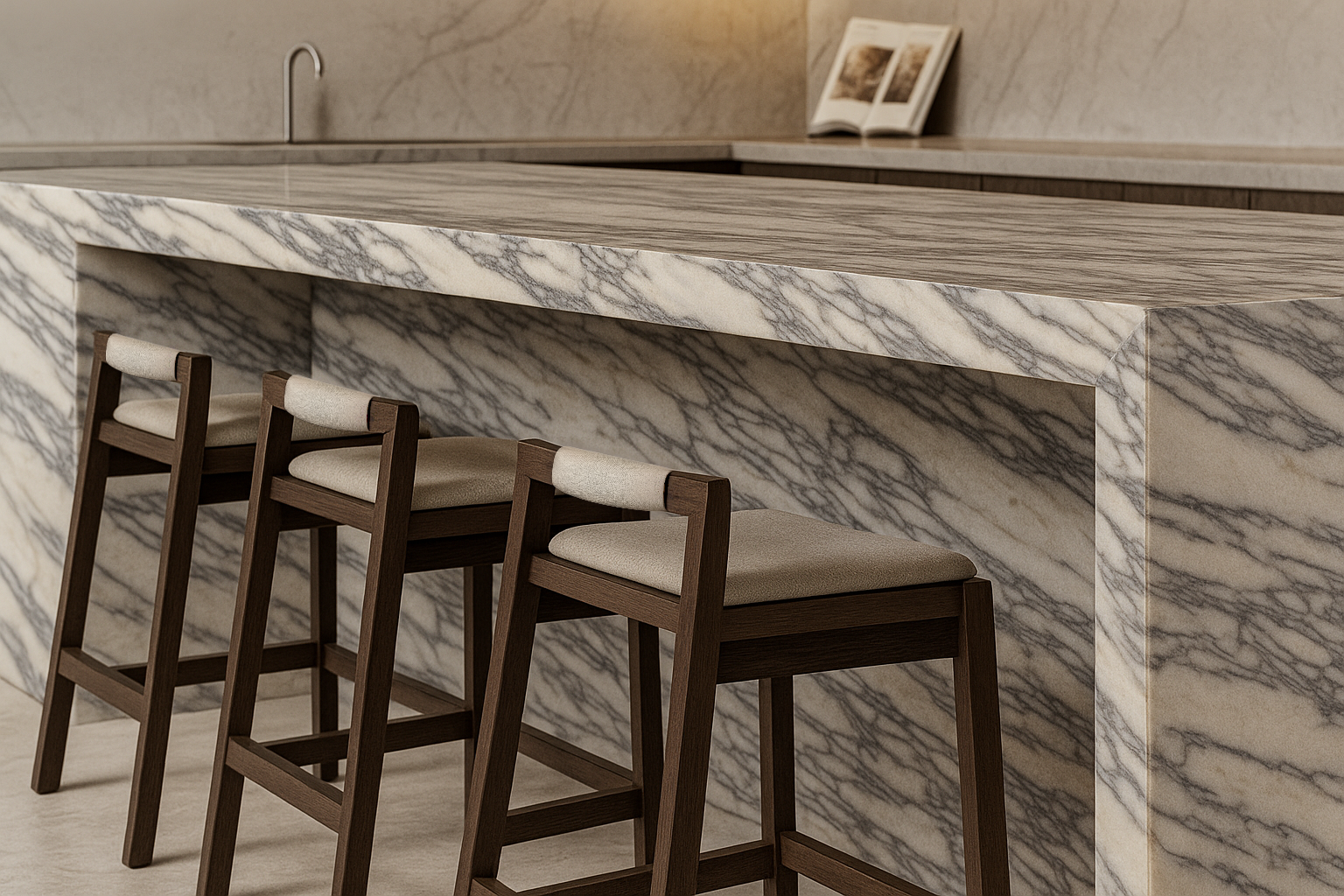 Three wooden barstools with beige cushions lined up in front of a marble bar counter with a wood top, and an open book resting on the counter in the background.