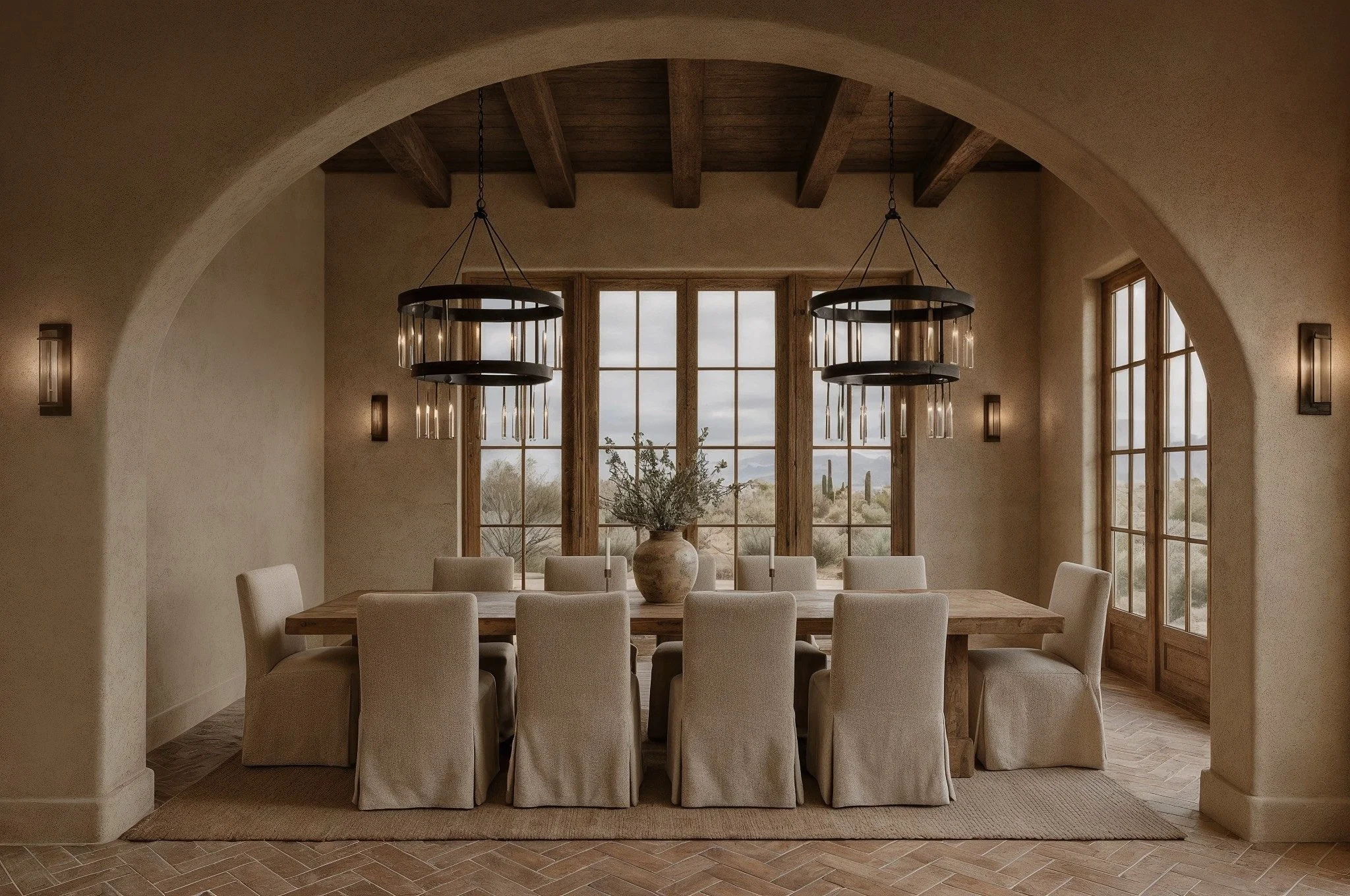 Elegant dining room with a large wooden table, nine beige chairs, chandelier lighting fixtures, and large windows with a desert landscape view.