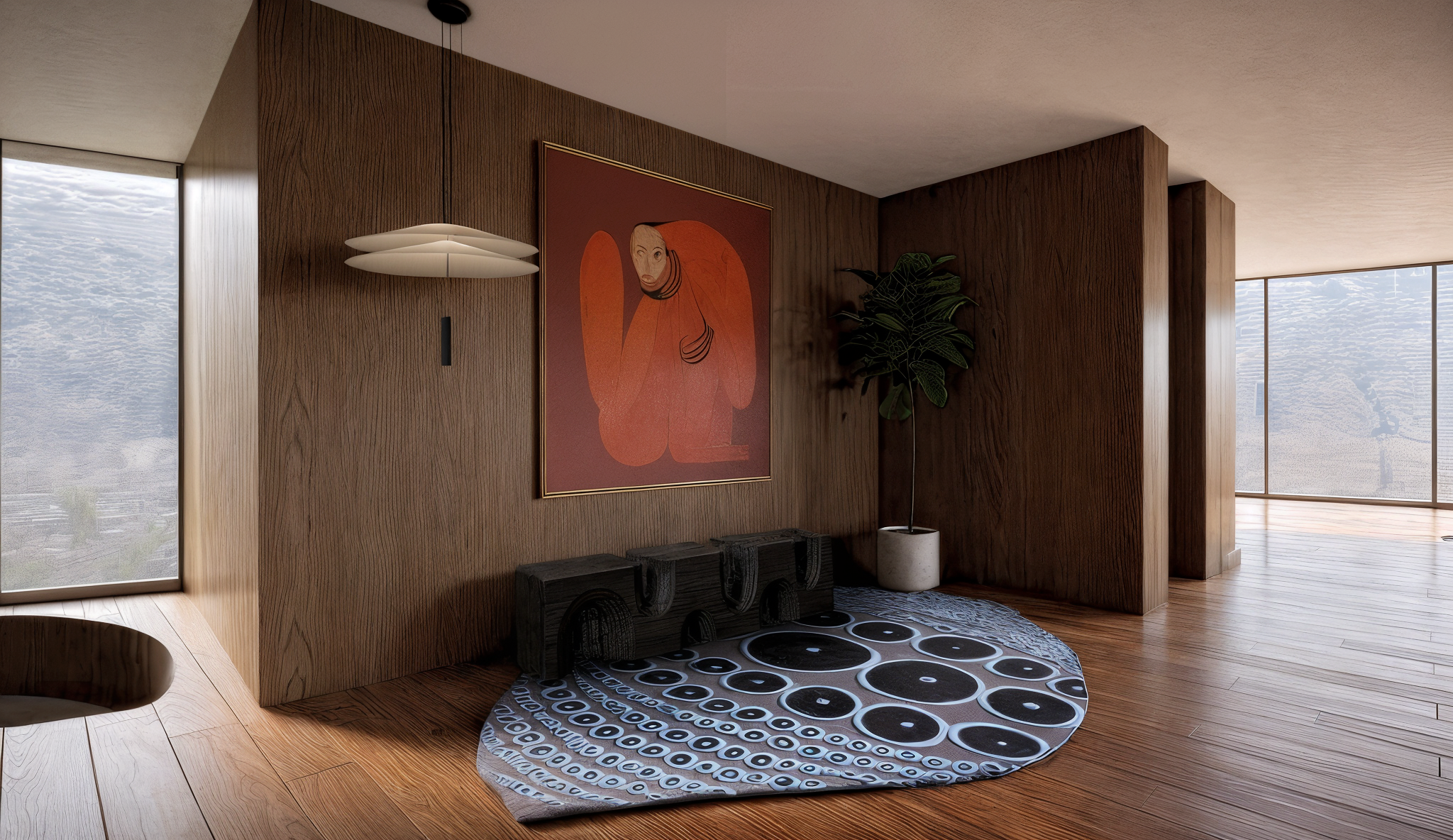 Modern interior with wooden walls and floors, abstract circular rug, potted plant, framed artwork, and unique wall light fixture.