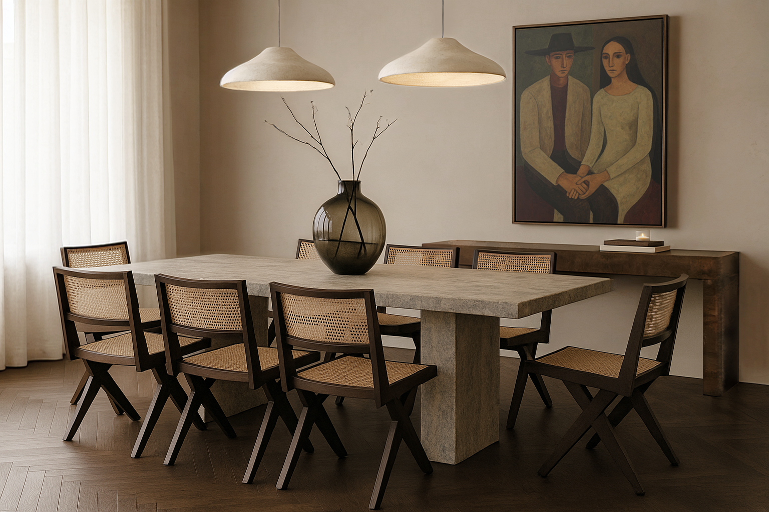 A dining room with a large rectangular stone table, six wooden chairs with woven seats, a tall vase with branches, two pendant lights, a painting of a man and woman, a candle, and a wooden console under the painting.