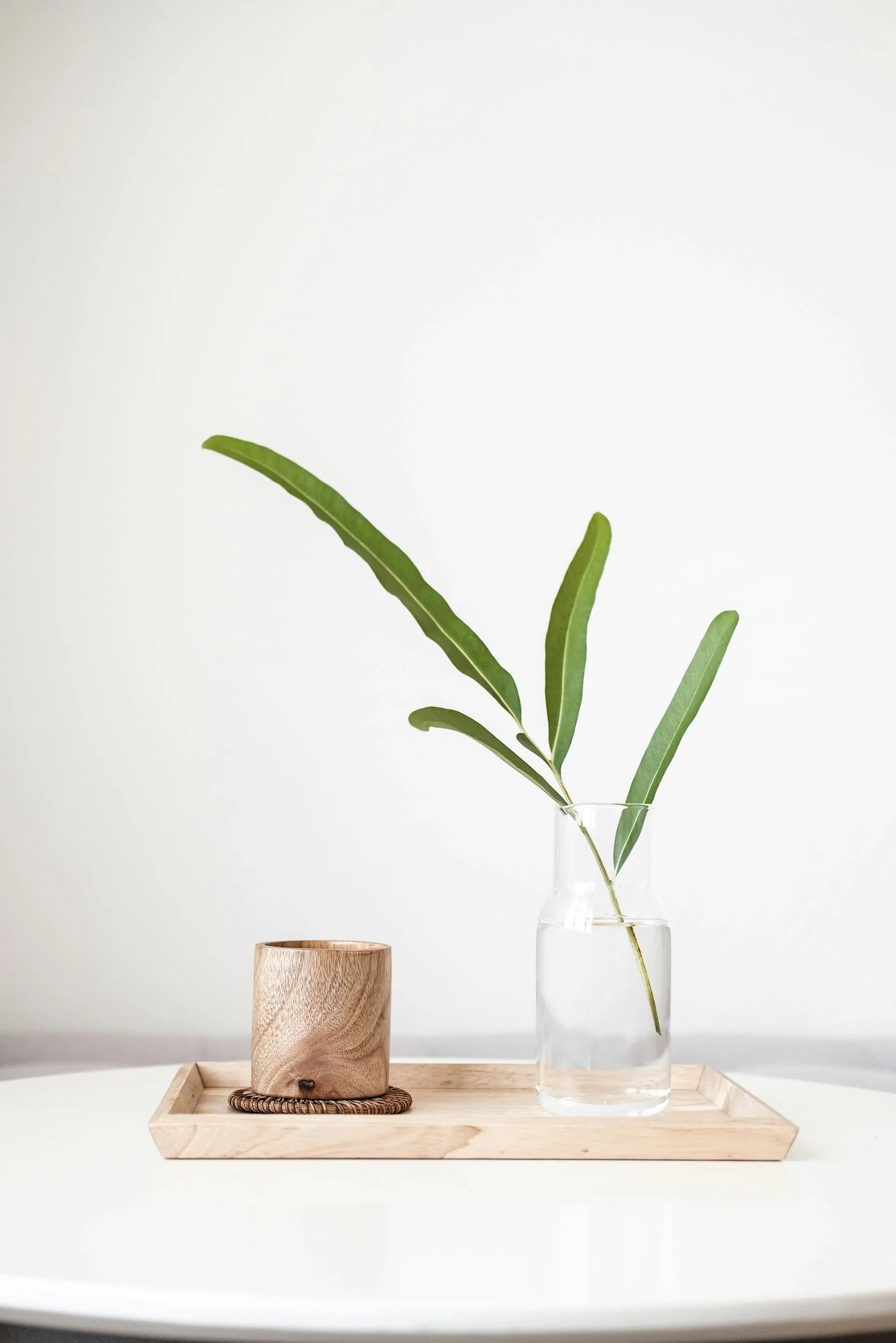 A minimalist still life with a clear glass vase holding green leaves, a round wooden container with a small hole, and a wooden tray on a white surface against a plain light background.