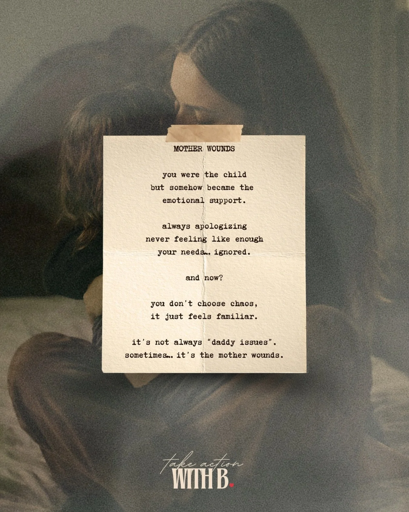 No one really talks about this.

Did you grow up with a mother who was unpredictable?
Who leaned on you emotionally?
Who made you feel like you had to earn love instead of receive it?
 
So you learned to stay quiet,
To over-explain,
To apologize for 
