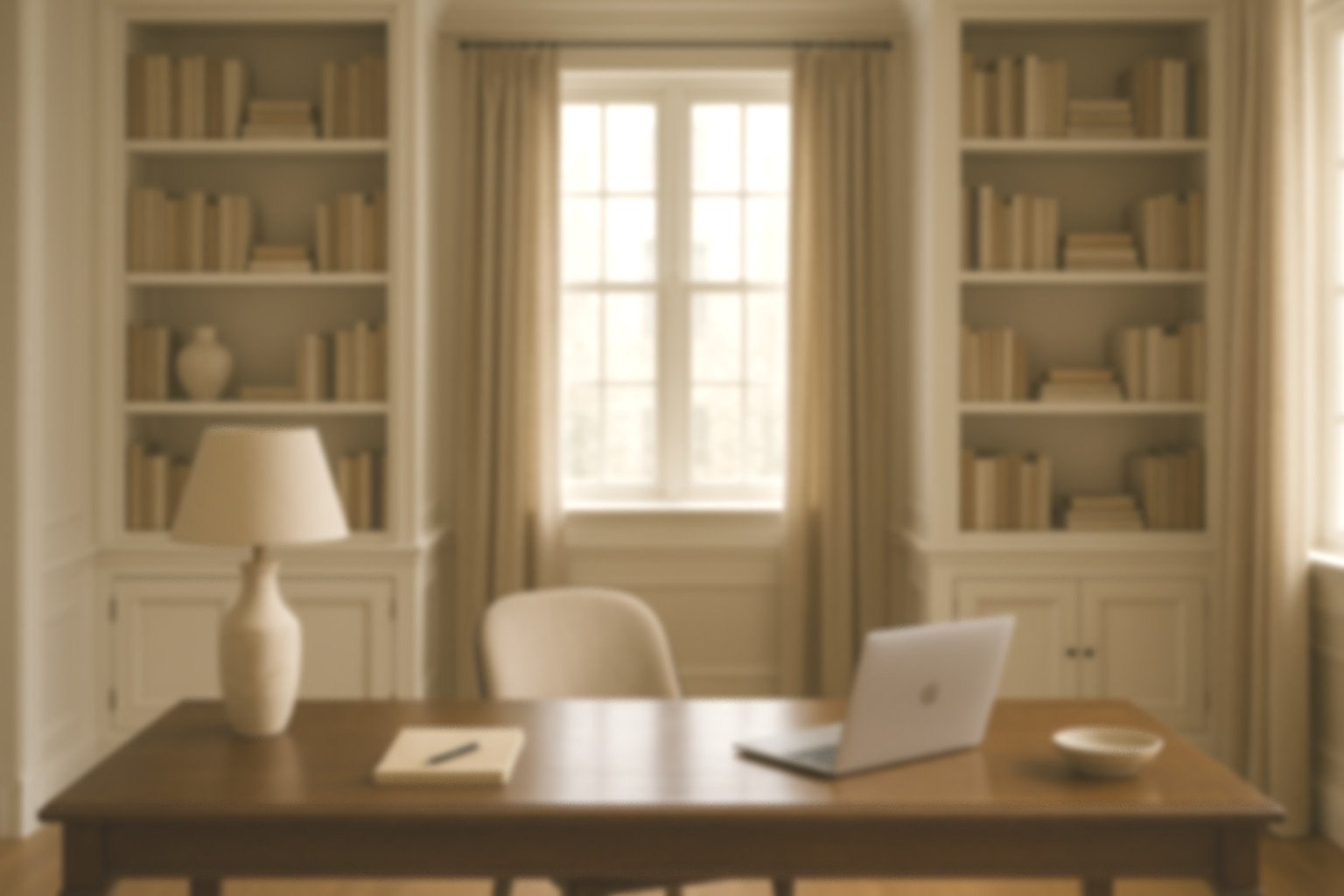 A home office with a wooden desk, a laptop, a notebook with a pen, a table lamp, and a bowl. The background features built-in bookshelves with books and a window with curtains.