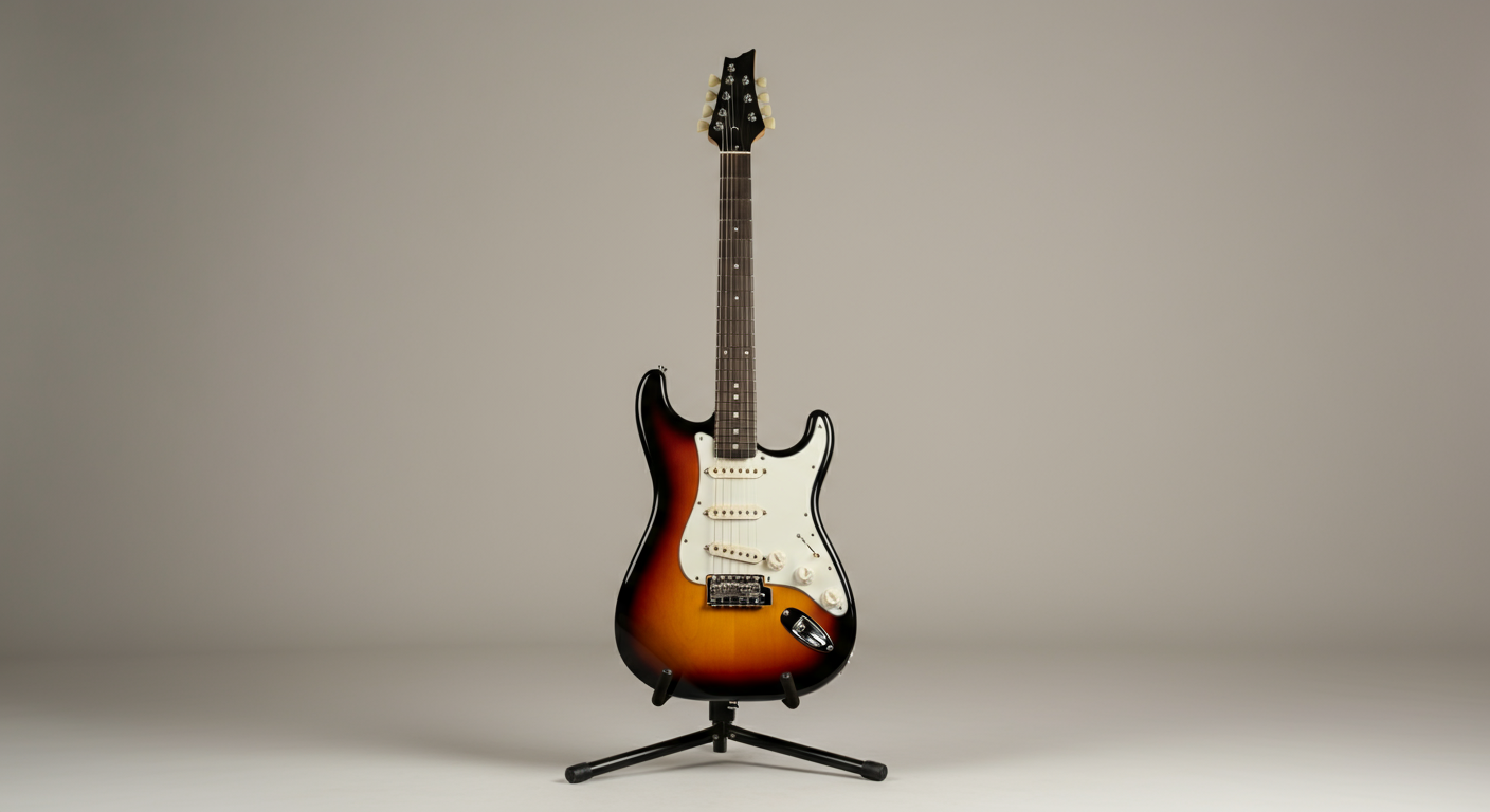 A sunburst electric guitar on a stand against a light gray background.