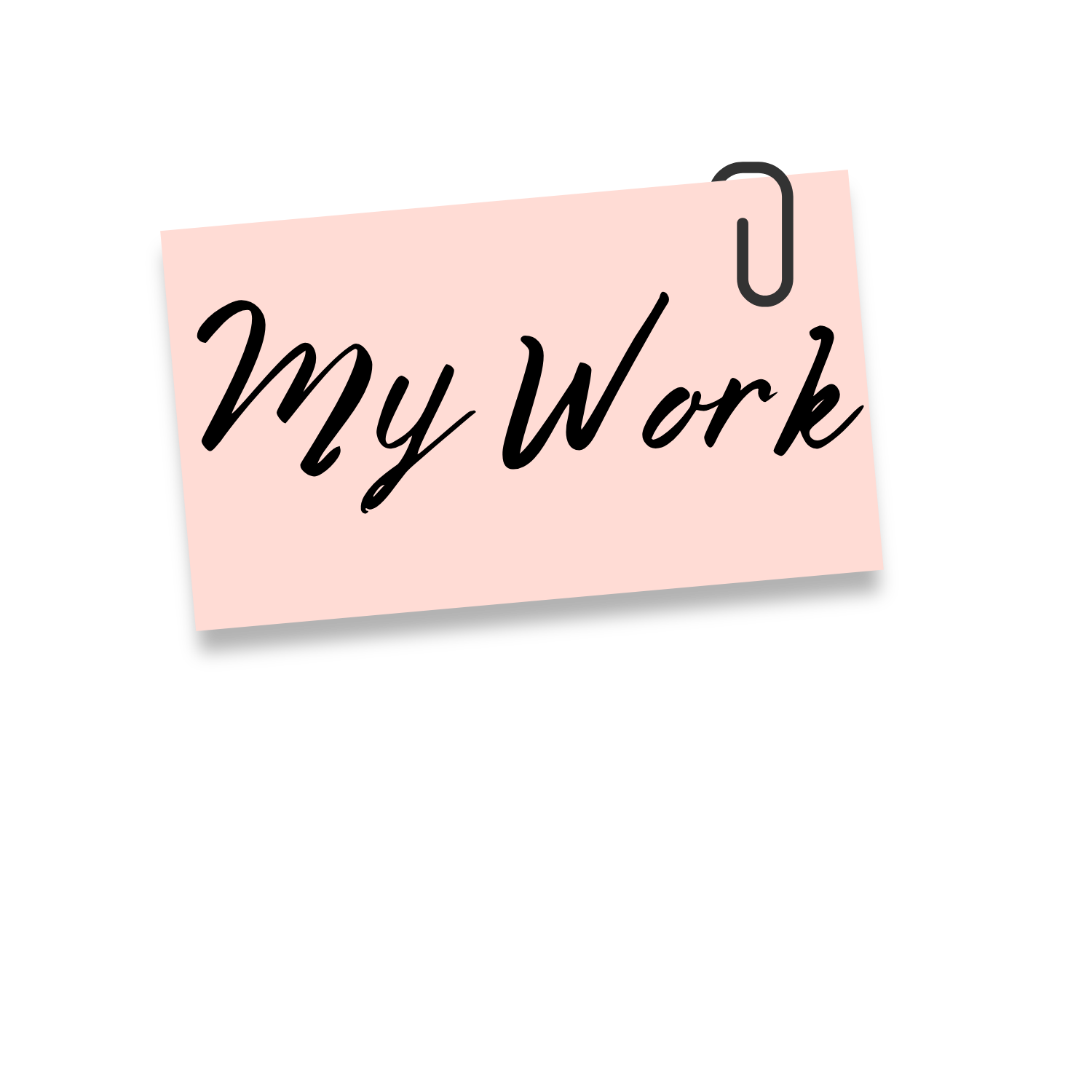 Pink clipboard graphic with handwritten text 'My Work' linking to portfolio of freelance wellness blog posts and fitness writing samples.
