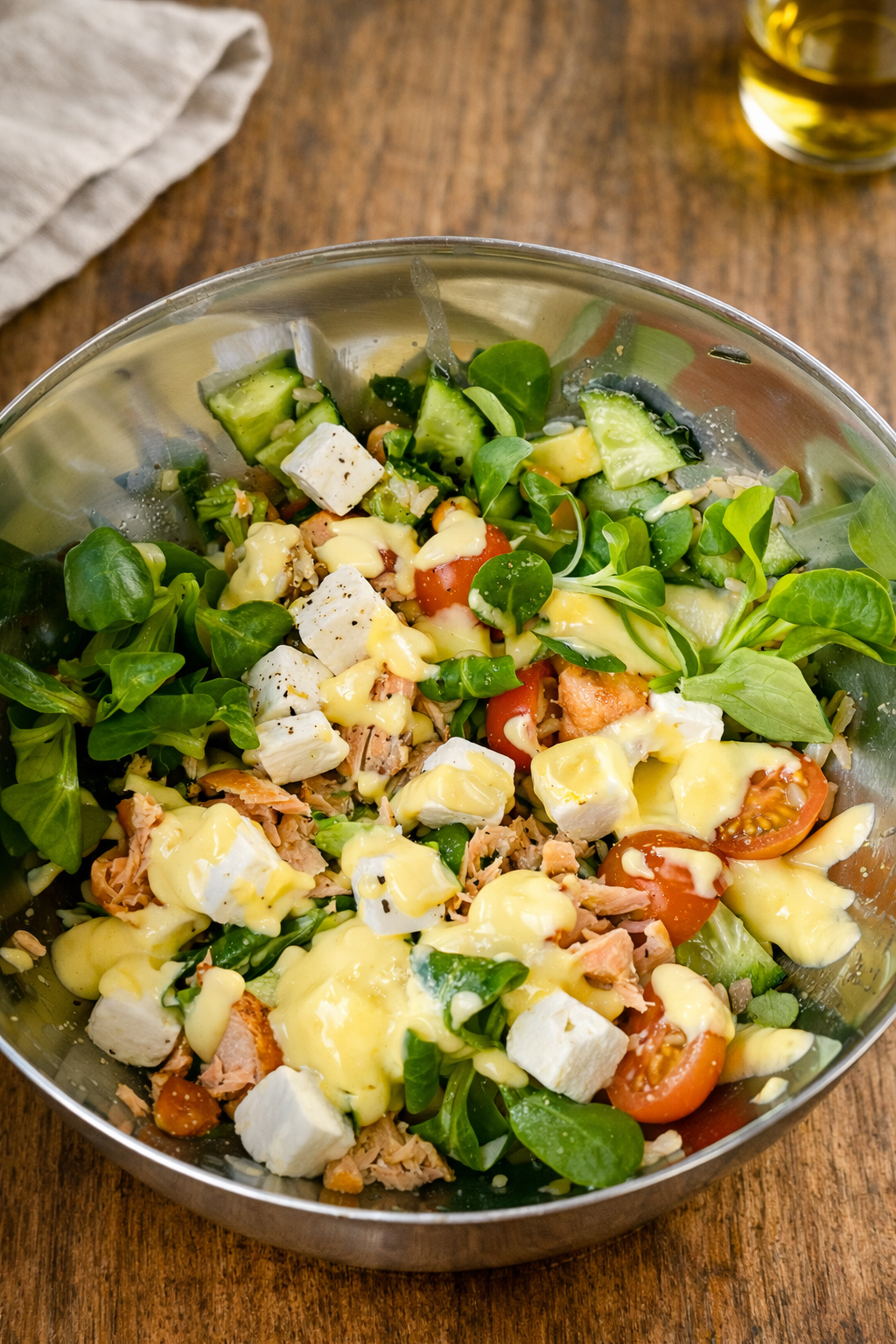 Ensalada de salmón con salsa de mango proteica
