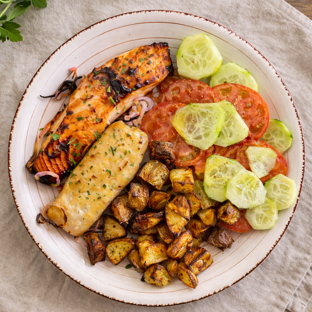 Salmón y merluza con salsa de miel y mostaza